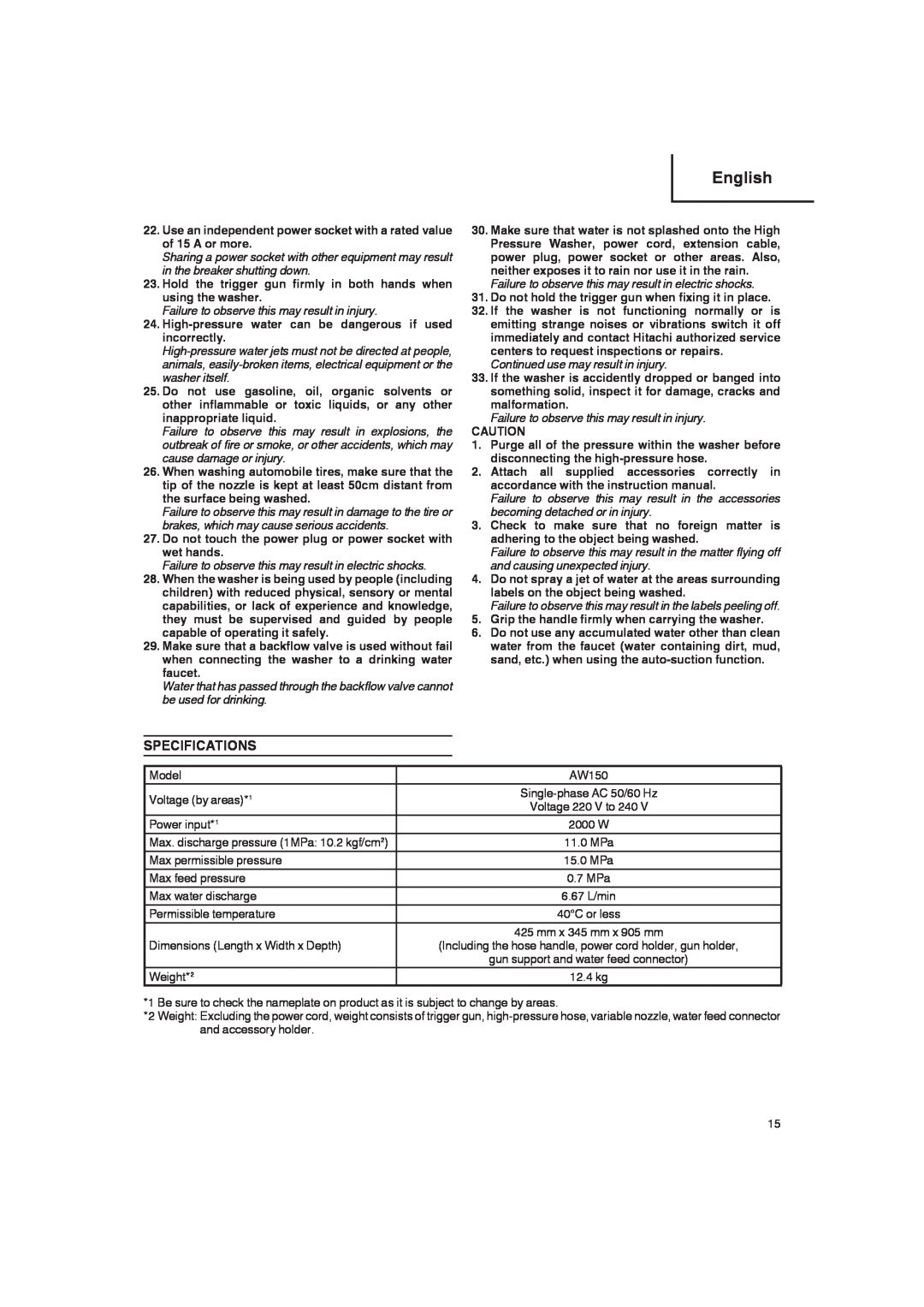 Hitachi Koki USA AW 150 manual Specifications, English 