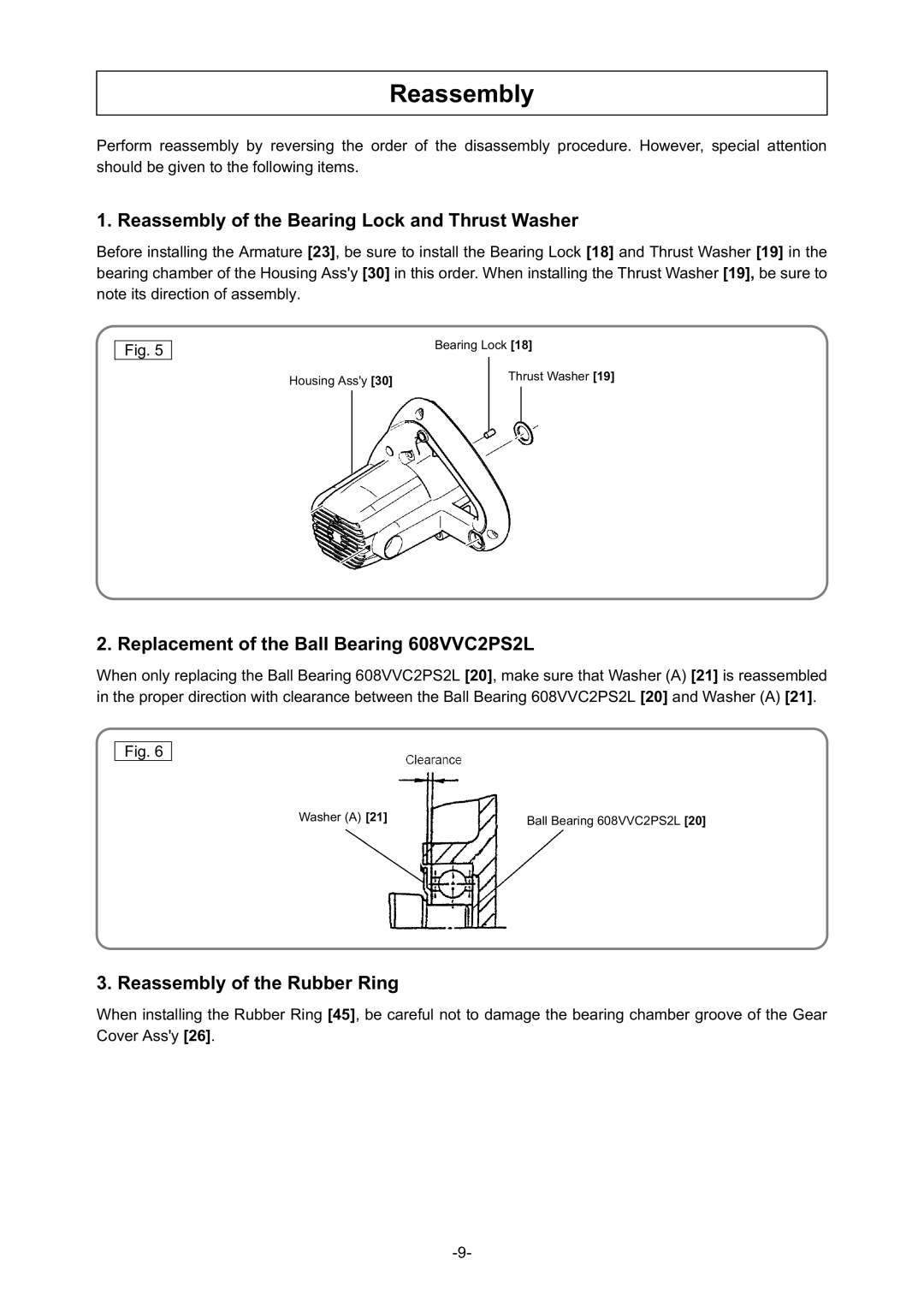 Hitachi Koki USA C7SS, C 6SS Reassembly of the Bearing Lock and Thrust Washer, Replacement of the Ball Bearing 608VVC2PS2L 