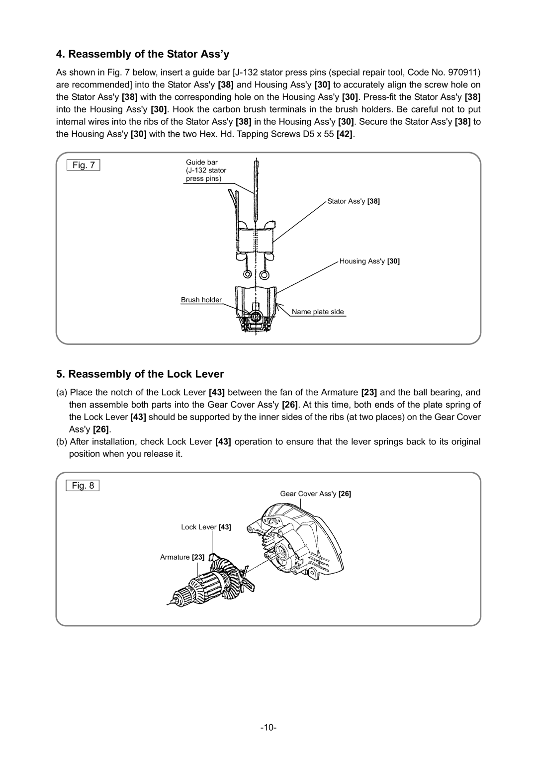 Hitachi Koki USA C 6SS, C7SS specifications Reassembly of the Stator Ass’y, Reassembly of the Lock Lever 