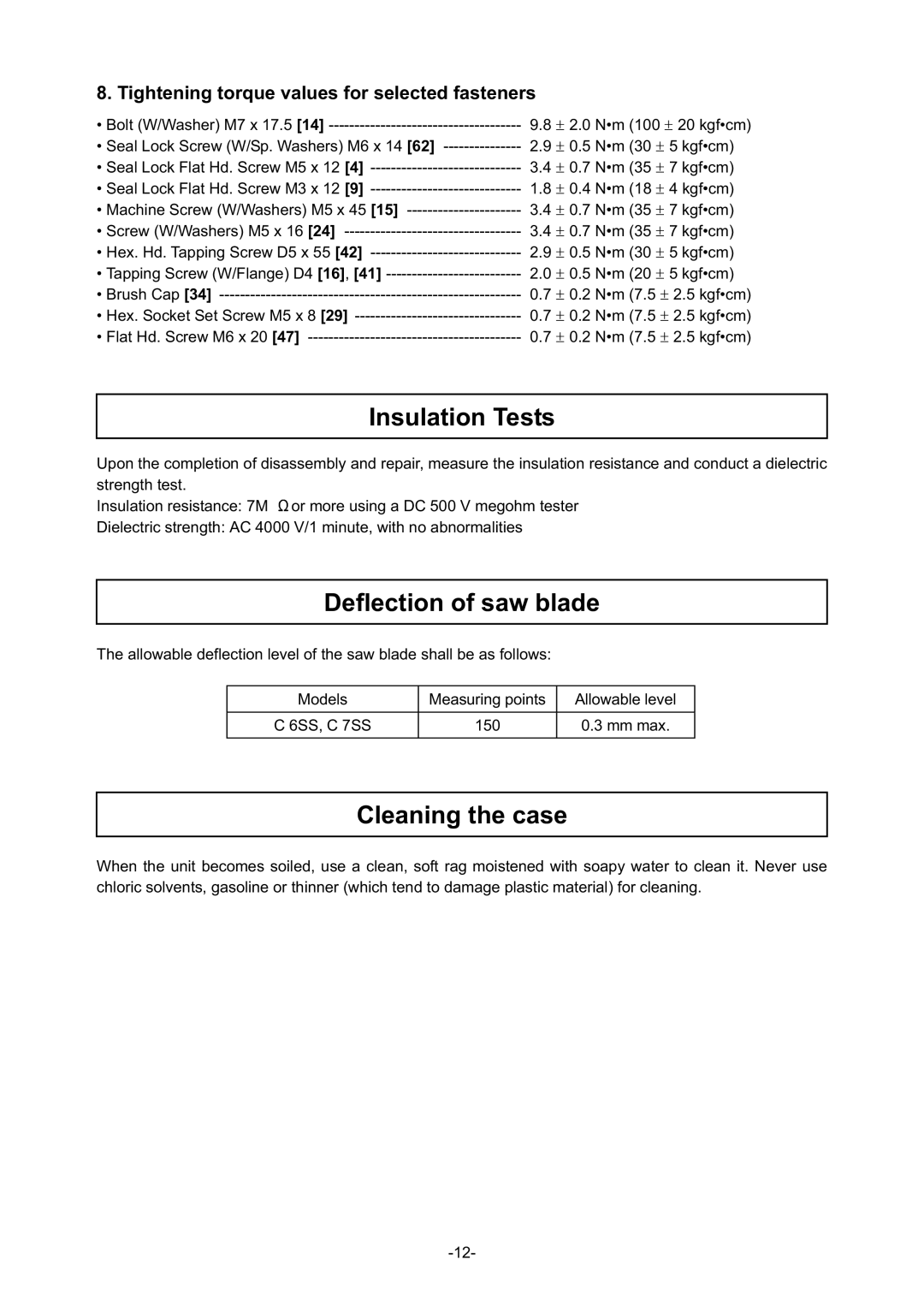 Hitachi Koki USA C 6SS, C7SS specifications Insulation Tests, Tightening torque values for selected fasteners 