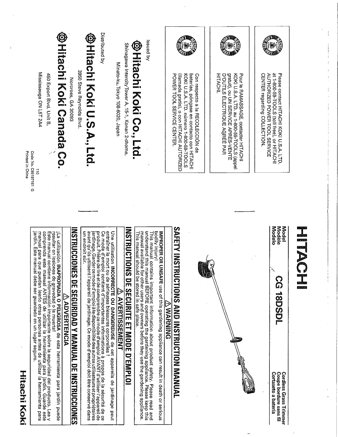 Hitachi Koki USA CG18DSDL manual 