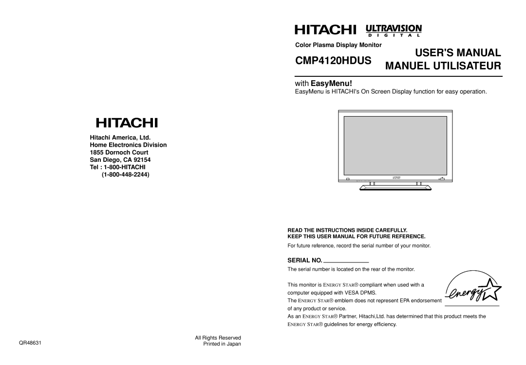 Hitachi Koki USA CMP4120HDUS user manual Color Plasma Display Monitor 