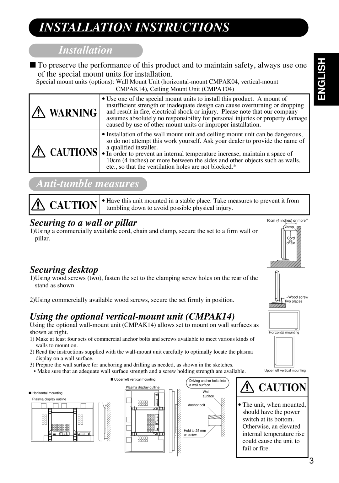 Hitachi Koki USA CMP4120HDUS user manual Installation Instructions, Anti-tumble measures 