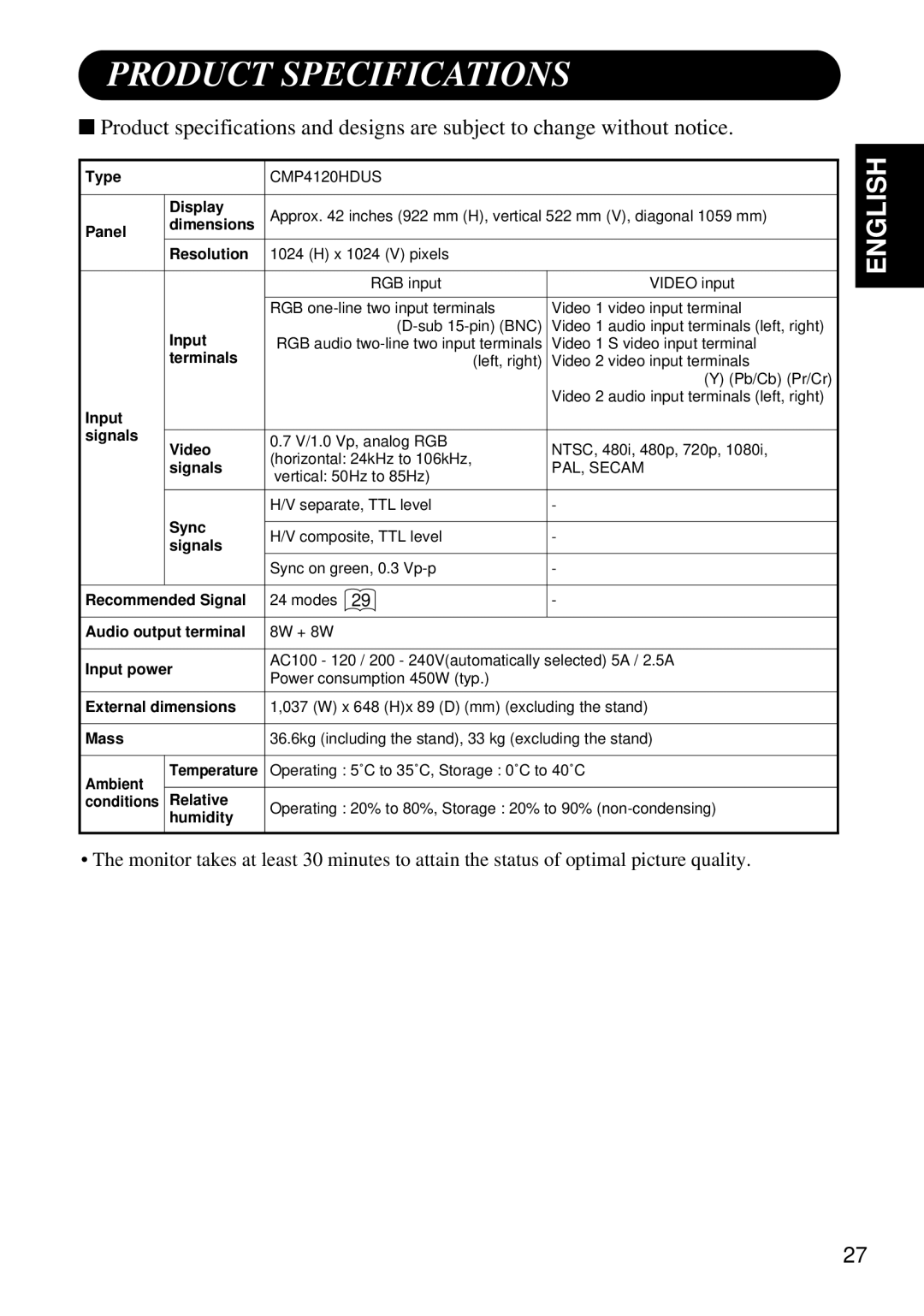 Hitachi Koki USA CMP4120HDUS user manual Product Specifications, Panel Dimensions Resolution 