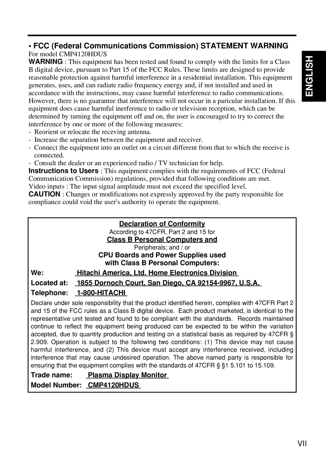 Hitachi Koki USA CMP4120HDUS user manual FCC Federal Communications Commission Statement Warning 