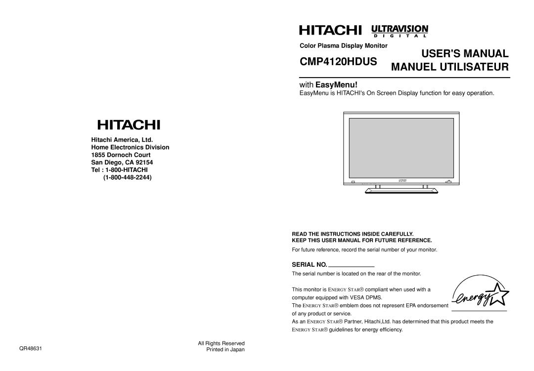 Hitachi Koki USA CMP4120HDUS user manual with EasyMenu, Color Plasma Display Monitor, Tel 1-800-HITACHI, Serial No 