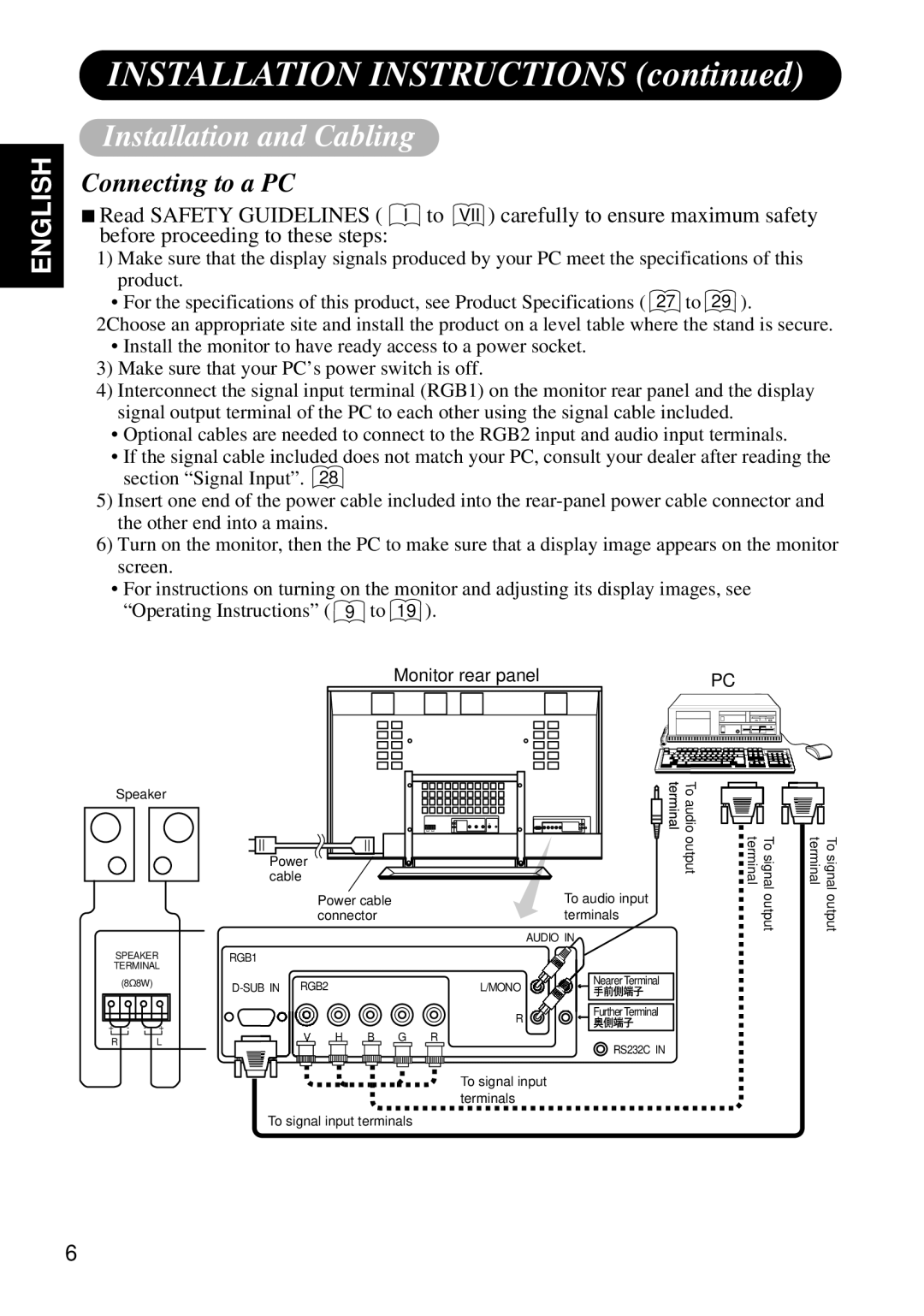 Hitachi Koki USA CMP4120HDUS Installation and Cabling, Connecting to a PC, INSTALLATION INSTRUCTIONS continued, English 