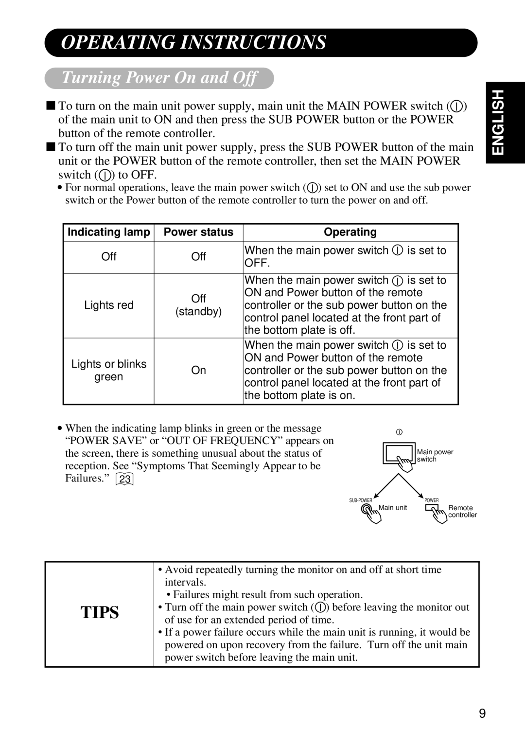 Hitachi Koki USA CMP4120HDUS user manual Operating Instructions, Turning Power On and Off, Tips, English 
