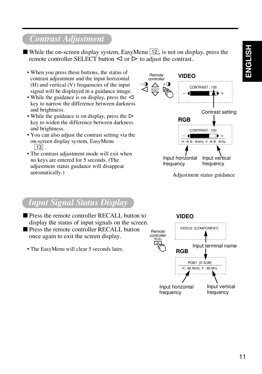 Hitachi Koki USA CMP4120HDUS user manual Contrast Adjustment, Input Signal Status Display, English 