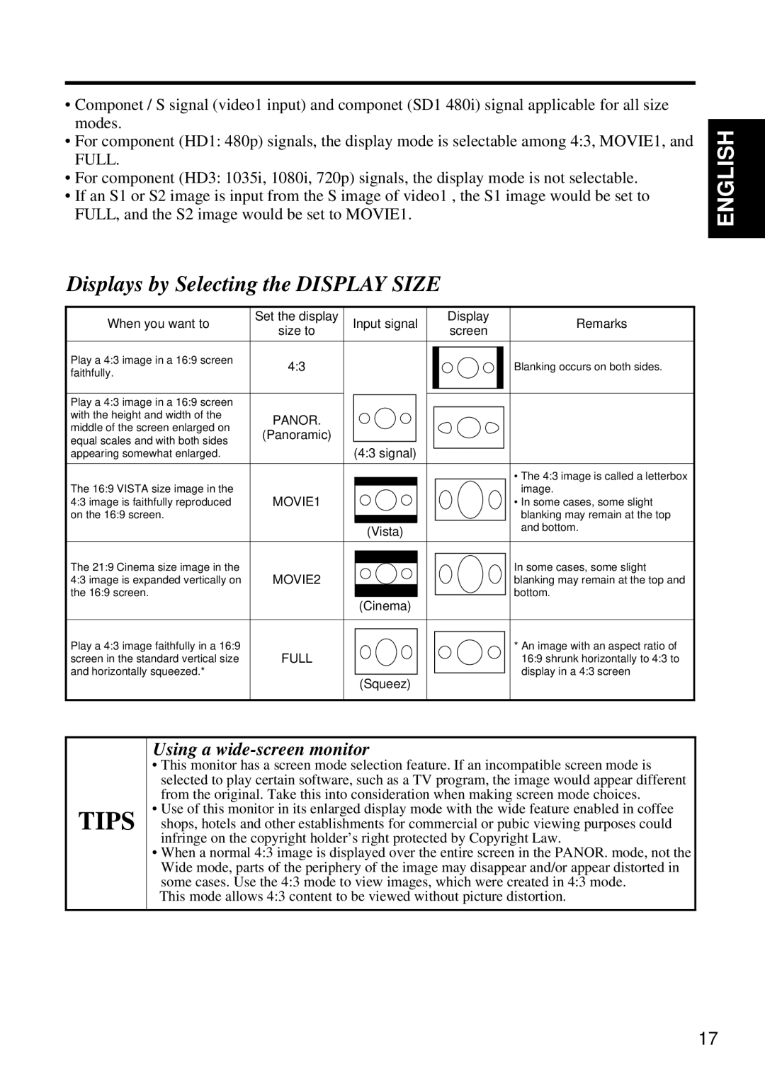 Hitachi Koki USA CMP4120HDUS user manual Displays by Selecting the DISPLAY SIZE, Tips, English, Using a wide-screen monitor 