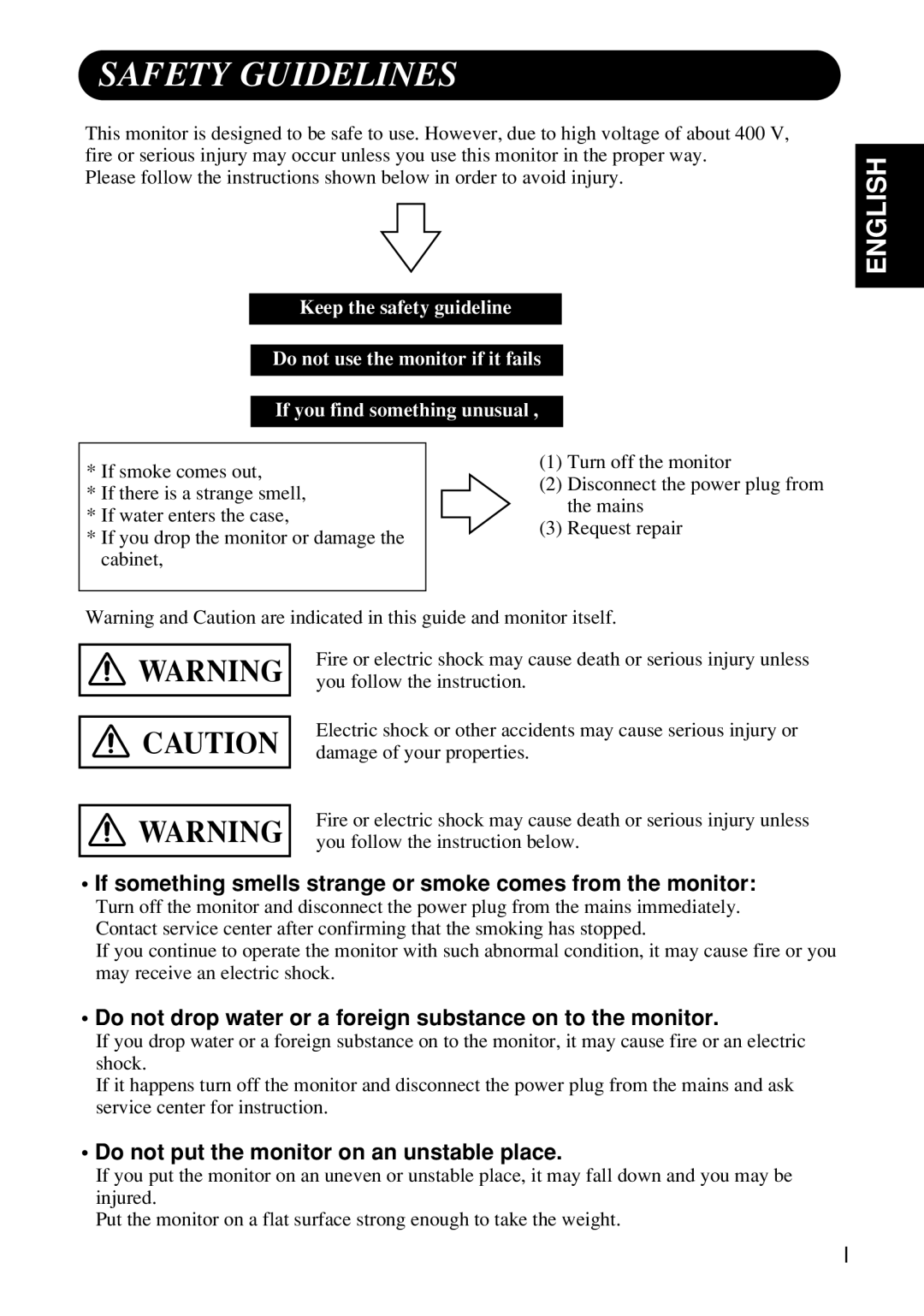 Hitachi Koki USA CMP4120HDUS Safety Guidelines, English, If something smells strange or smoke comes from the monitor 
