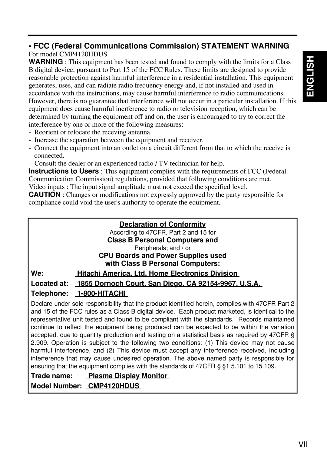 Hitachi Koki USA CMP4120HDUS user manual FCC Federal Communications Commission STATEMENT WARNING, English 