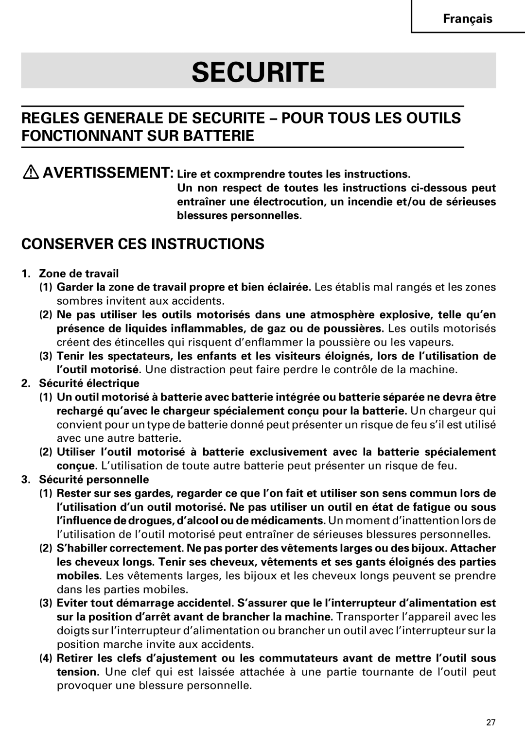 Hitachi Koki USA cordless hammer instruction manual Securite, Conserver CES Instructions 