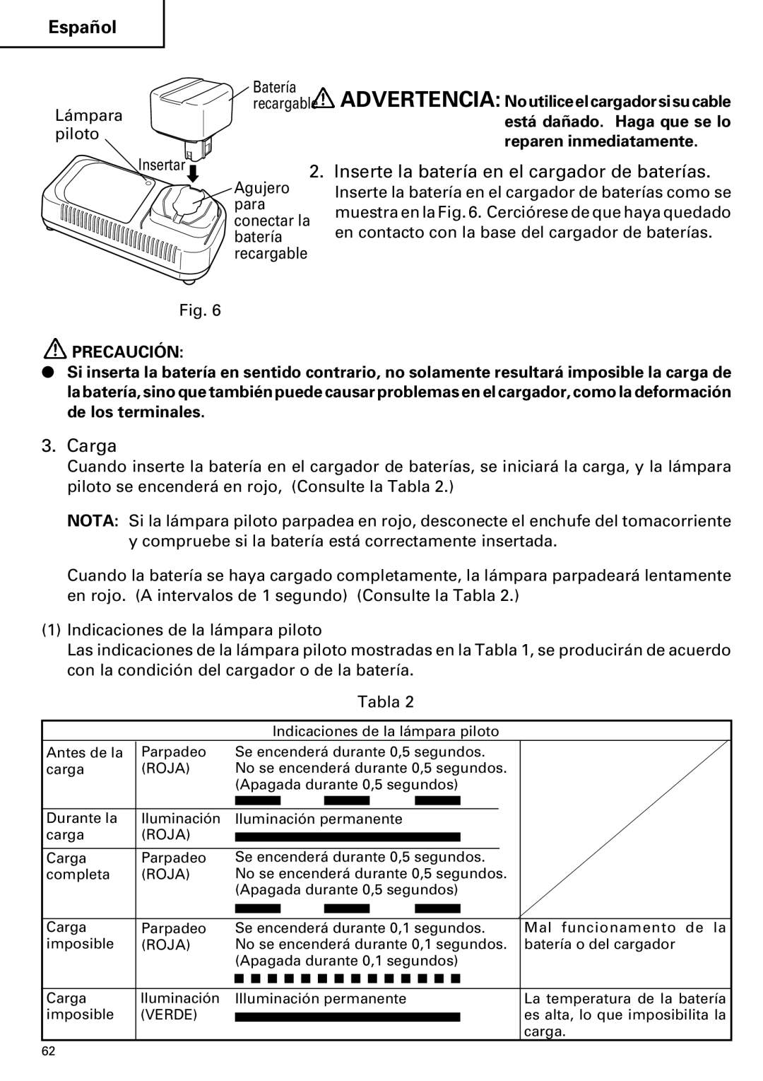 Hitachi Koki USA cordless hammer Inserte la batería en el cargador de baterías, Carga, Lámpara piloto Insertar Batería 