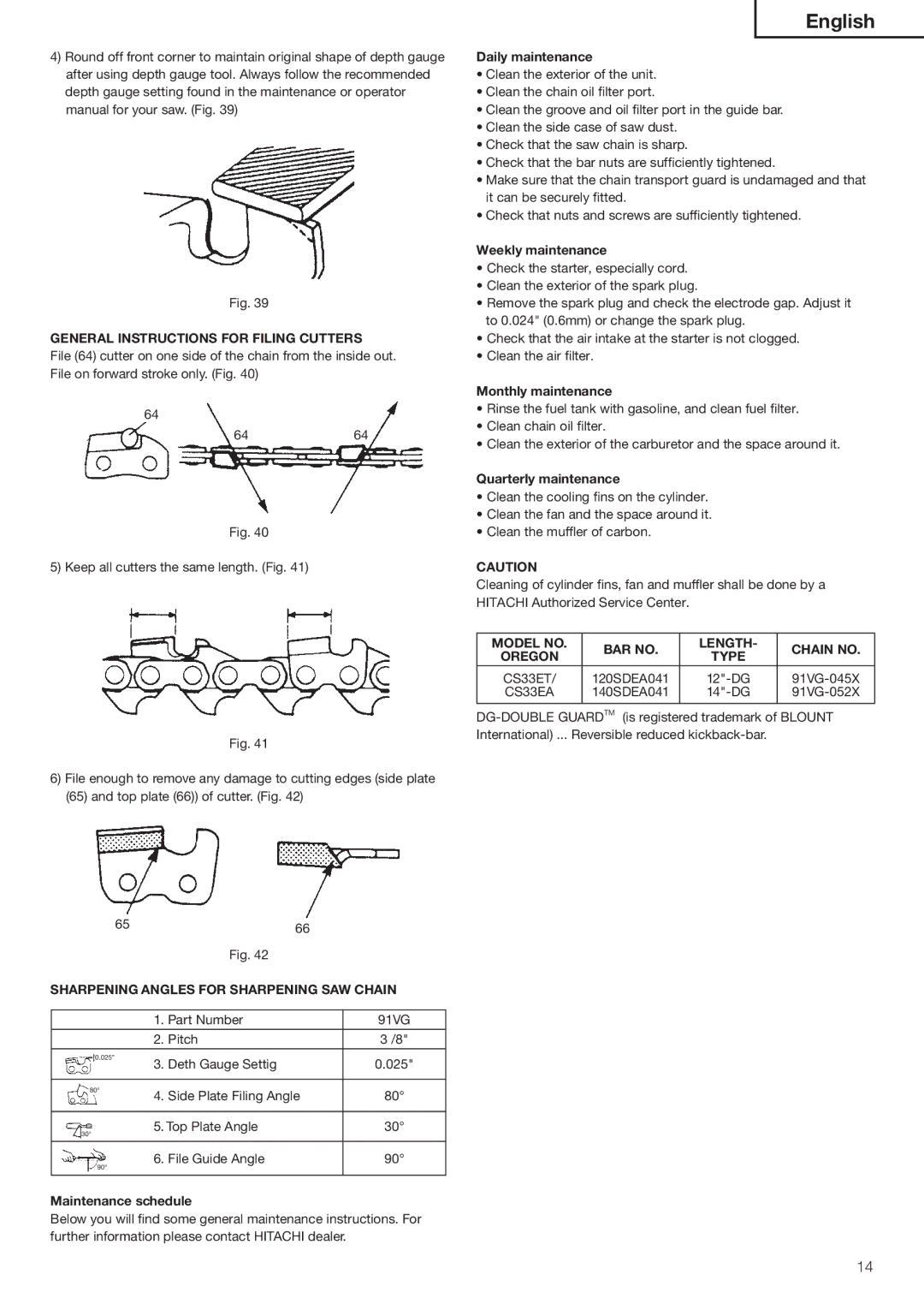 Hitachi Koki USA CS33ET, CS33EA manual $Ailyimaintenance, 7EEKLY Maintenance, Onthlytmaintenance, 1UARTERLYTMAINTENANCE 