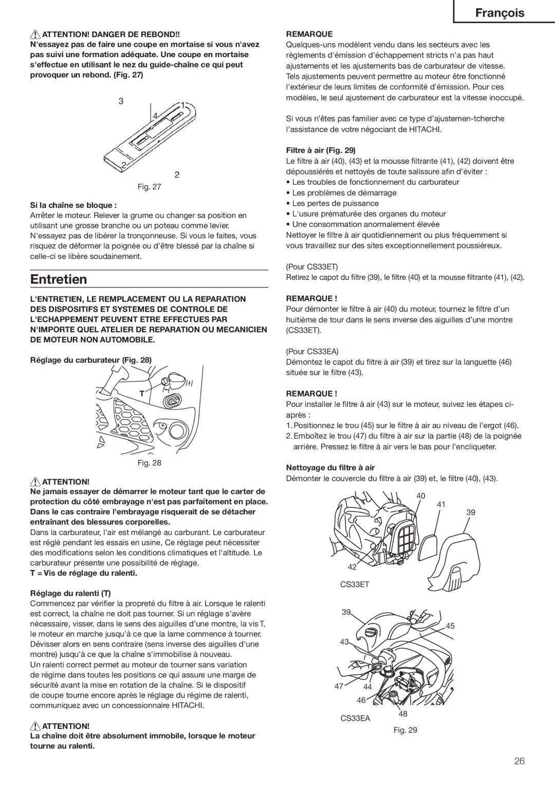 Hitachi Koki USA CS33ET, CS33EA Ntretien, 3I LA Chaåneåse BLOQUEE, 2ÀGLAGELDU Carburateur &IG, Iltree÷ Air &Ig 