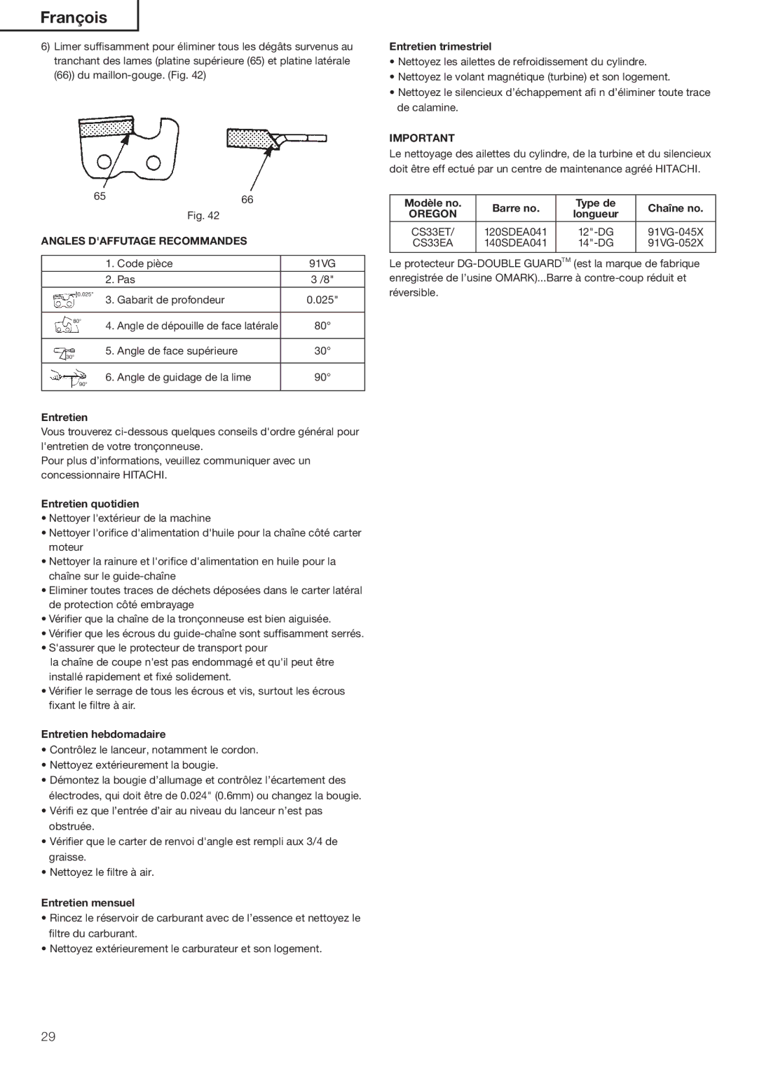 Hitachi Koki USA CS33EA, CS33ET manual Ntretieniquotidien, Ntretienehebdomadaire, Ntretienemensuel, Ntretienetrimestriel 