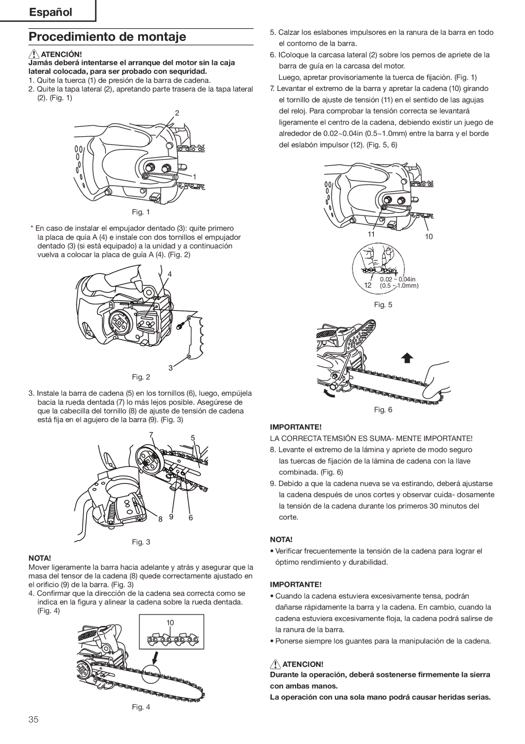 Hitachi Koki USA CS33EA, CS33ET manual 0ROCEDIMIENTOMDE Montaje, #/22%#4!!4%-3ª.3%3 35-!-%.4%%-0/24!.4% 