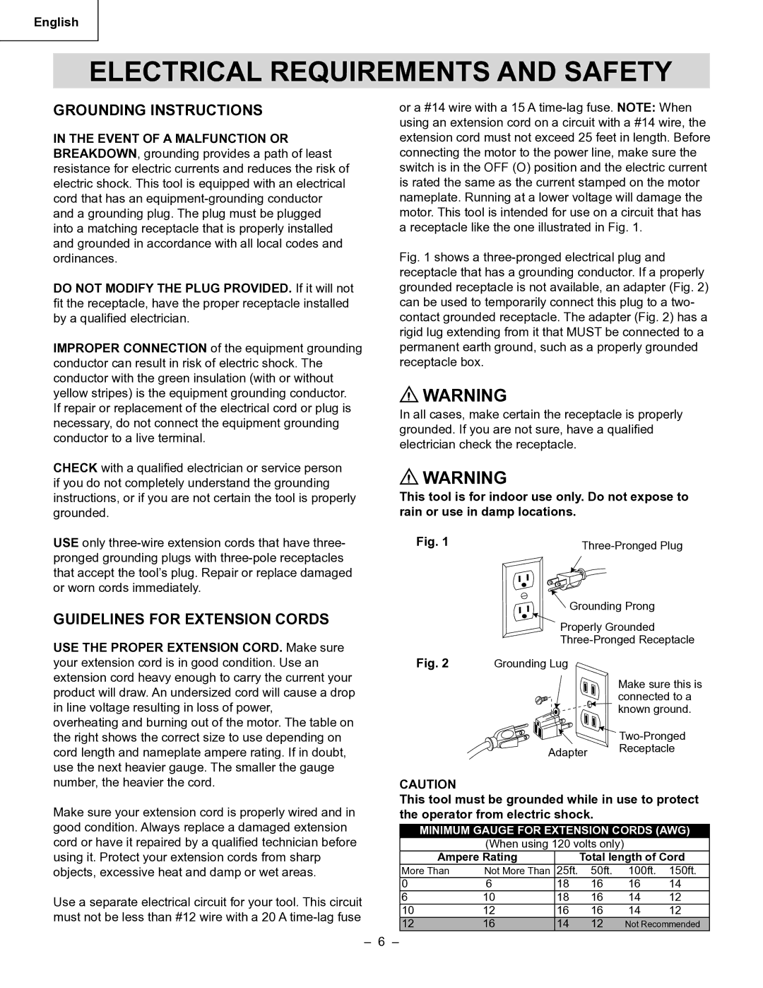 Hitachi Koki USA CW 20 Electrical Requirements and Safety, Grounding Instructions, Guidelines for Extension Cords 