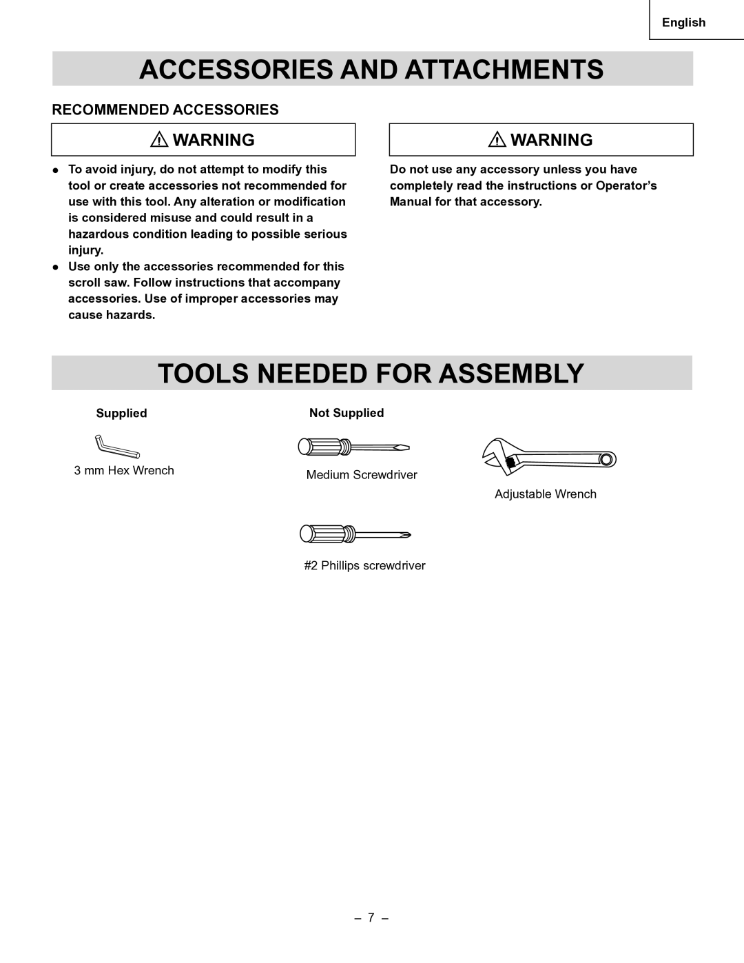 Hitachi Koki USA CW 20 instruction manual Accessories and Attachments, Tools Needed for Assembly, Recommended Accessories 