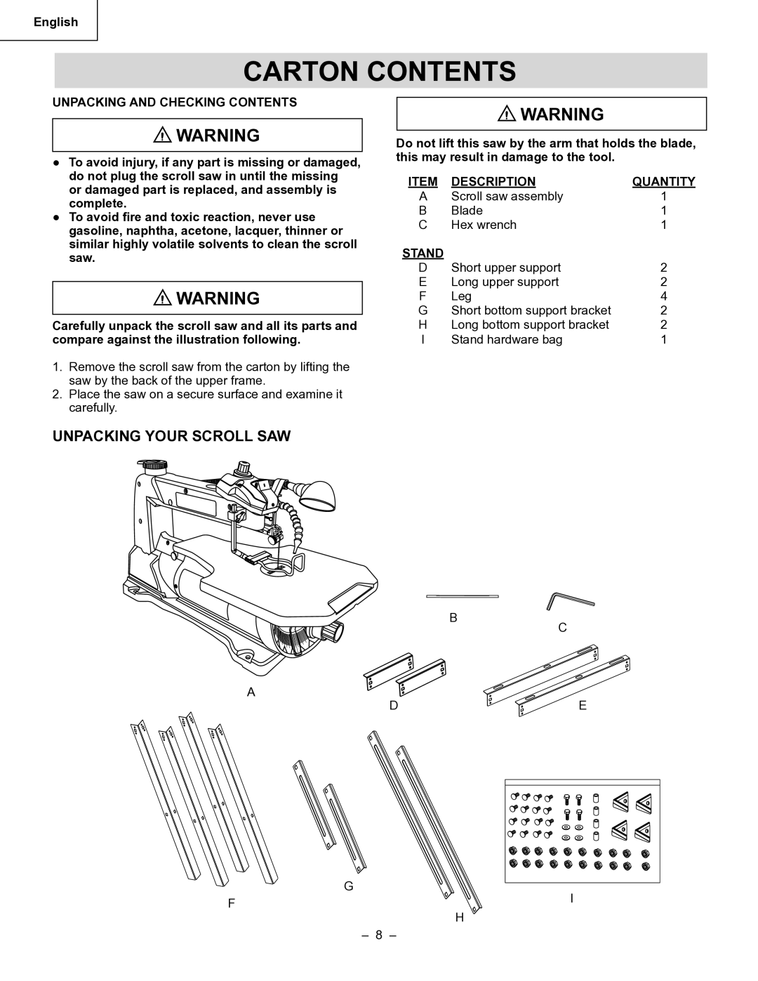 Hitachi Koki USA CW 20 instruction manual Carton Contents 