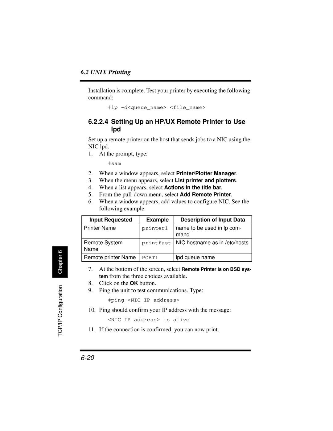 Hitachi Koki USA DDC 35n Setting Up an HP/UX Remote Printer to Use lpd, Input Requested Example Description of Input Data 