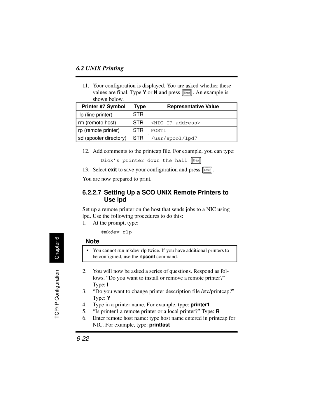 Hitachi Koki USA DDC 35n Setting Up a SCO Unix Remote Printers to Use lpd, Printer #7 Symbol Type Representative Value 