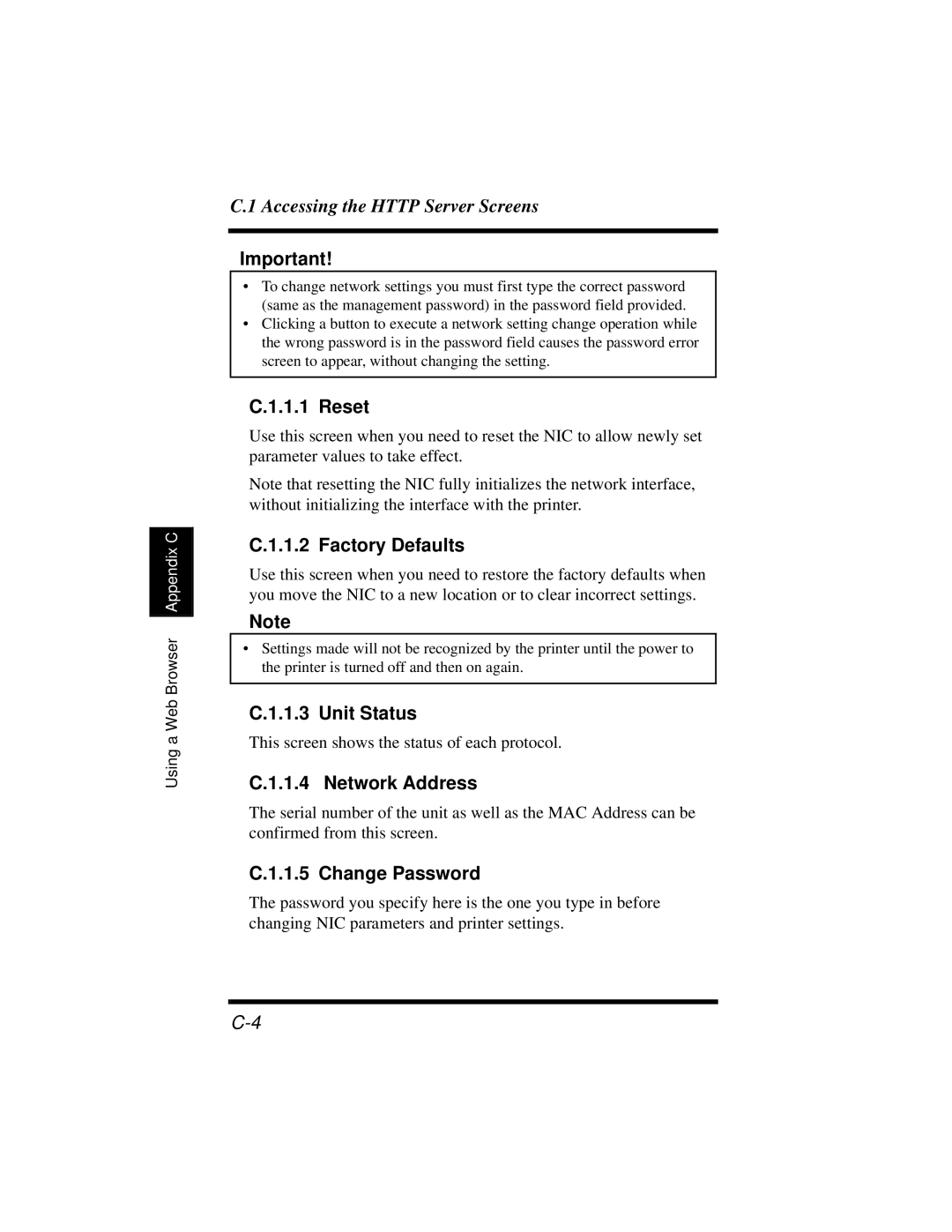 Hitachi Koki USA DDC 35n user manual Reset, Factory Defaults, Unit Status, Network Address, Change Password 