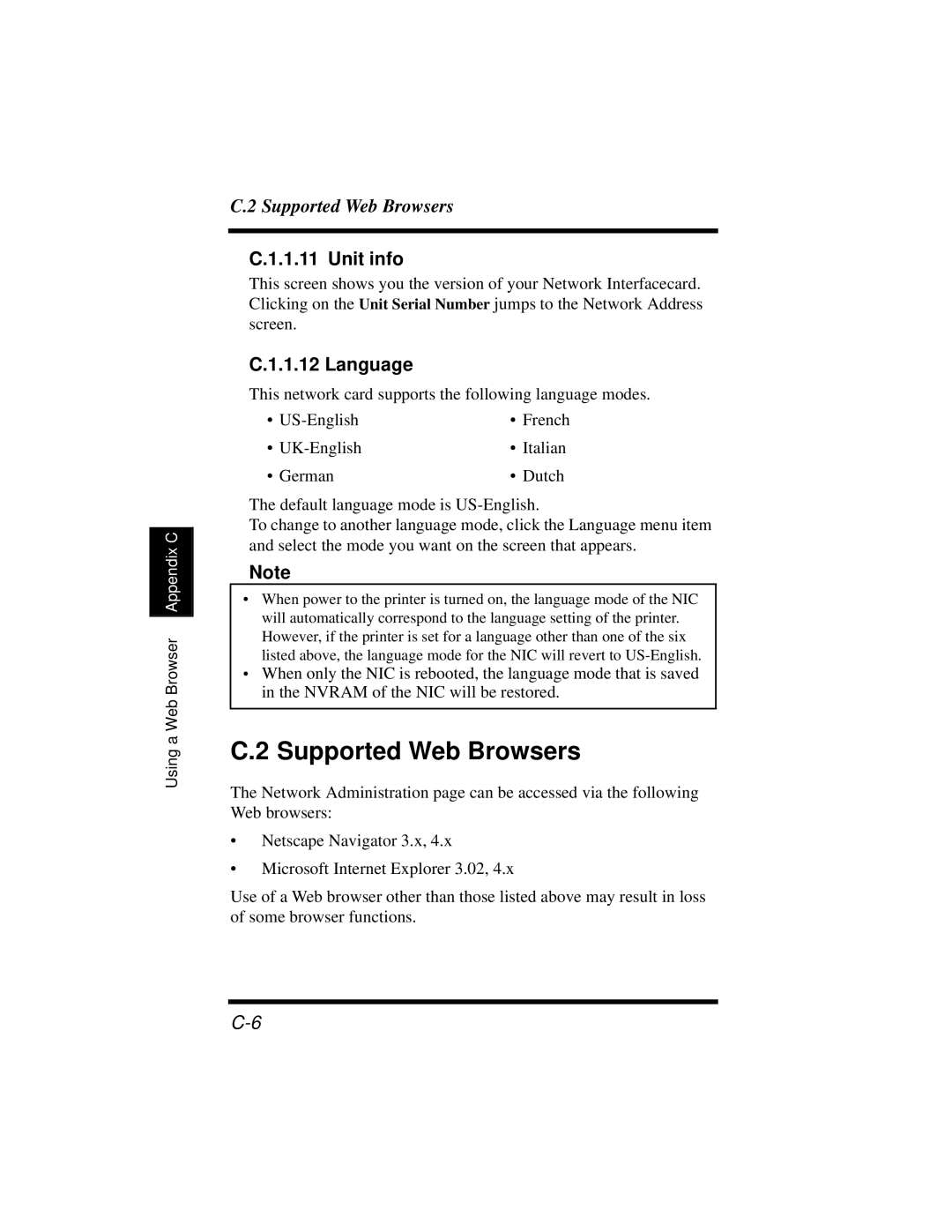 Hitachi Koki USA DDC 35n user manual Supported Web Browsers, Unit info, Language 