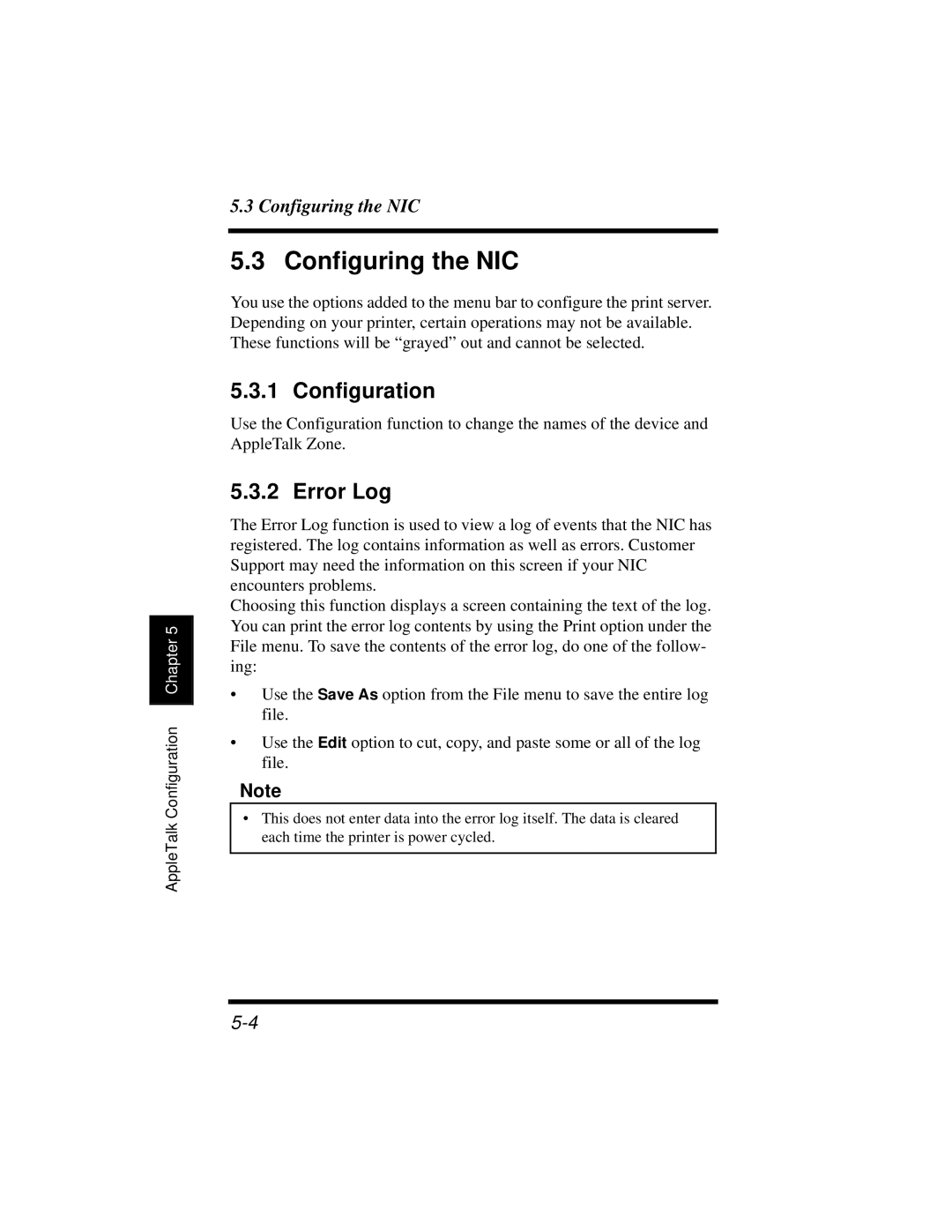 Hitachi Koki USA DDC 35n user manual Configuring the NIC, Configuration, Error Log 