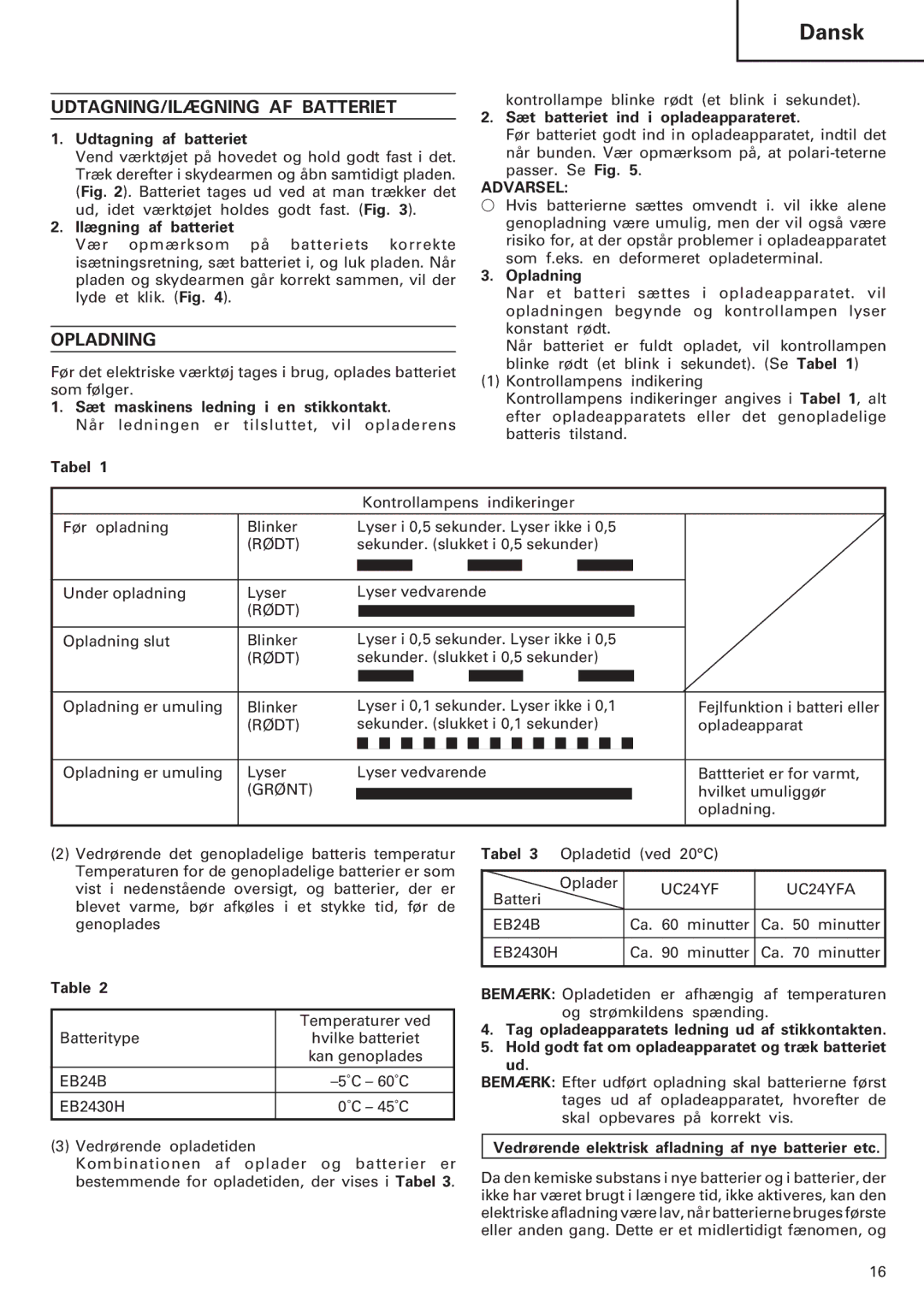 Hitachi Koki USA DH 20DV manual UDTAGNING/ILÆGNING AF Batteriet, Opladning 