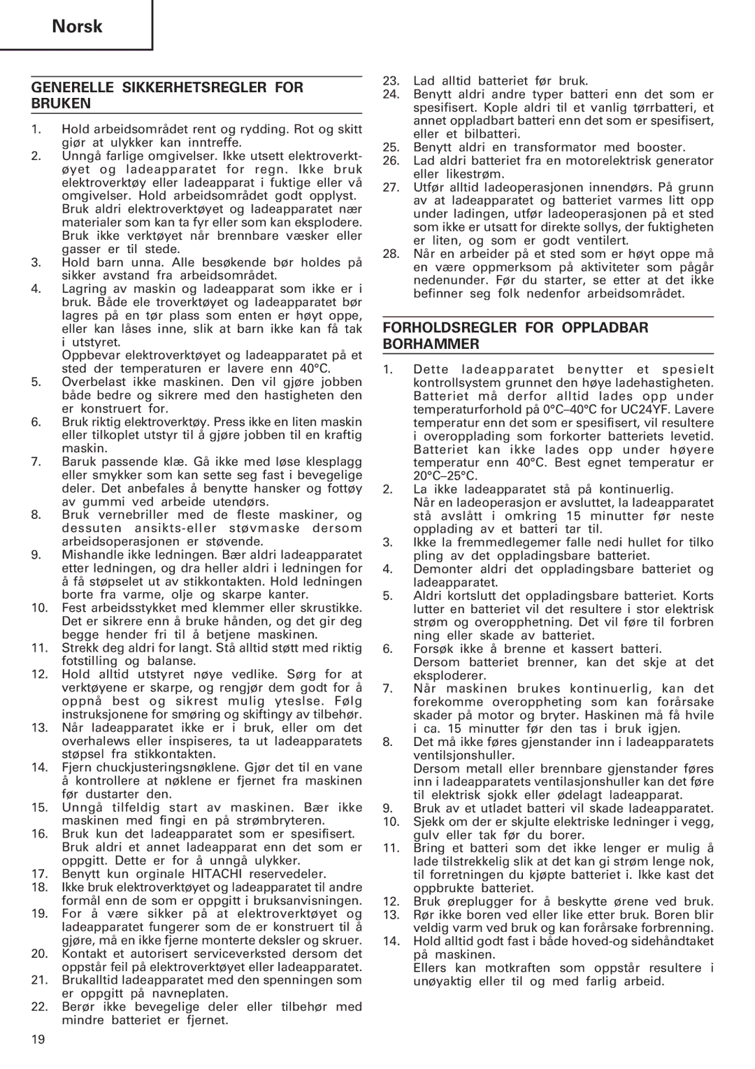Hitachi Koki USA DH 20DV manual Norsk, Generelle Sikkerhetsregler for Bruken, Forholdsregler for Oppladbar Borhammer 