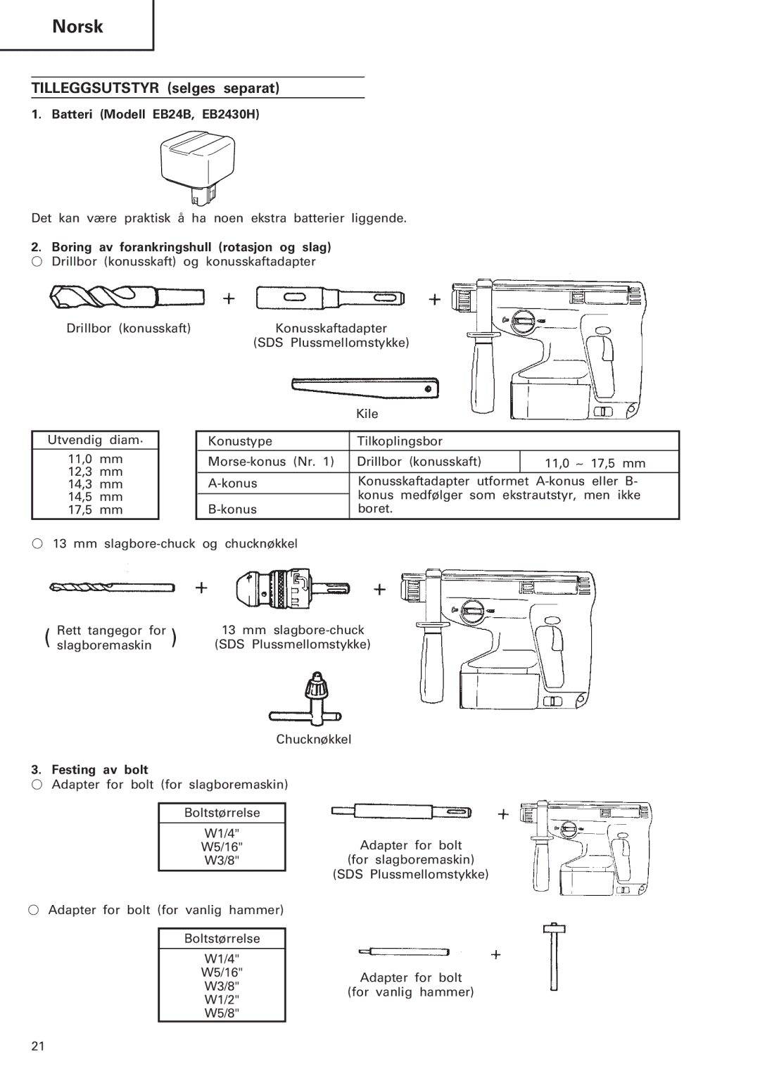 Hitachi Koki USA DH 20DV manual Boring av forankringshull rotasjon og slag, Festing av bolt 