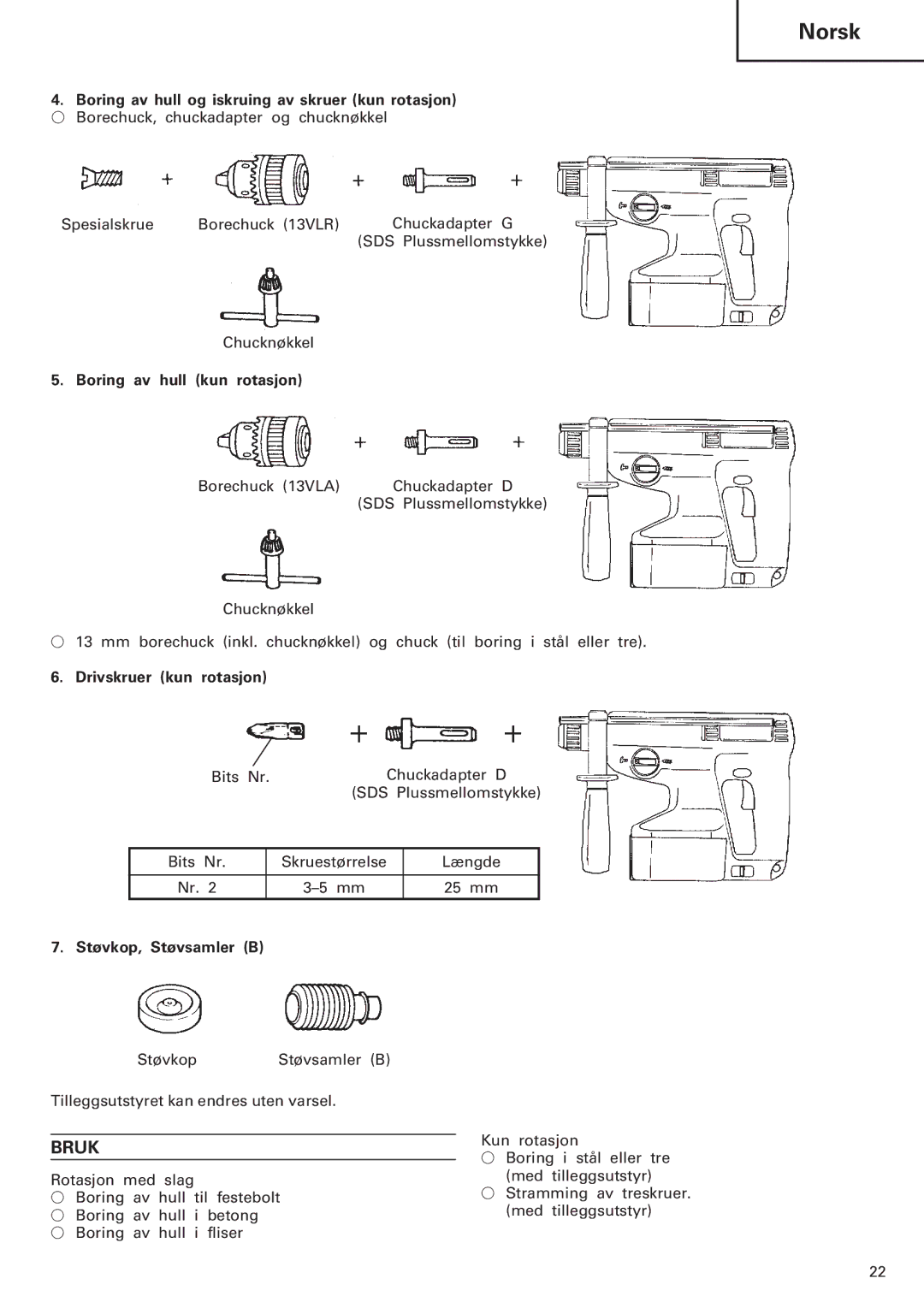 Hitachi Koki USA DH 20DV manual Bruk, Boring av hull og iskruing av skruer kun rotasjon, Boring av hull kun rotasjon 