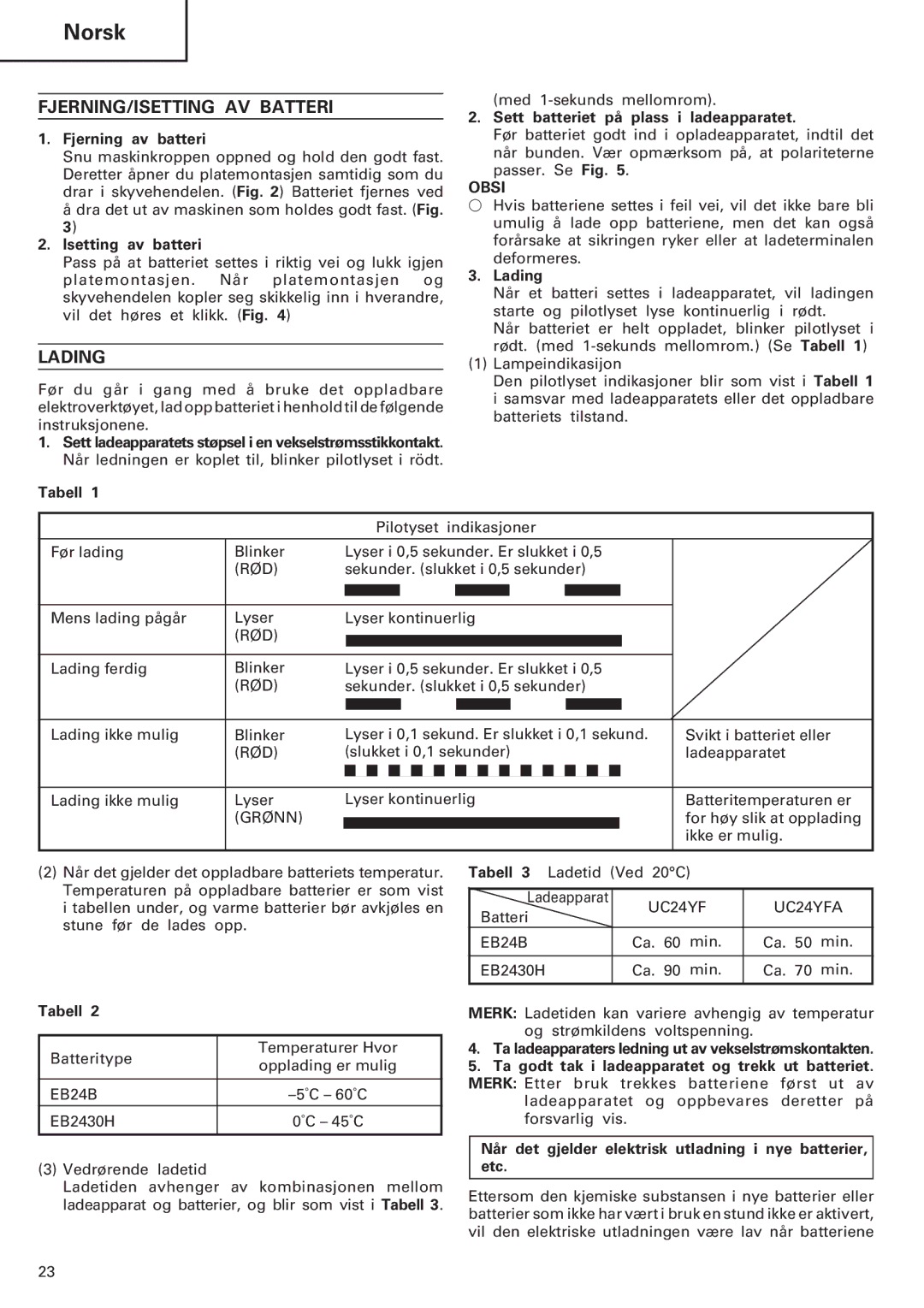 Hitachi Koki USA DH 20DV manual FJERNING/ISETTING AV Batteri, Lading, Obsi 