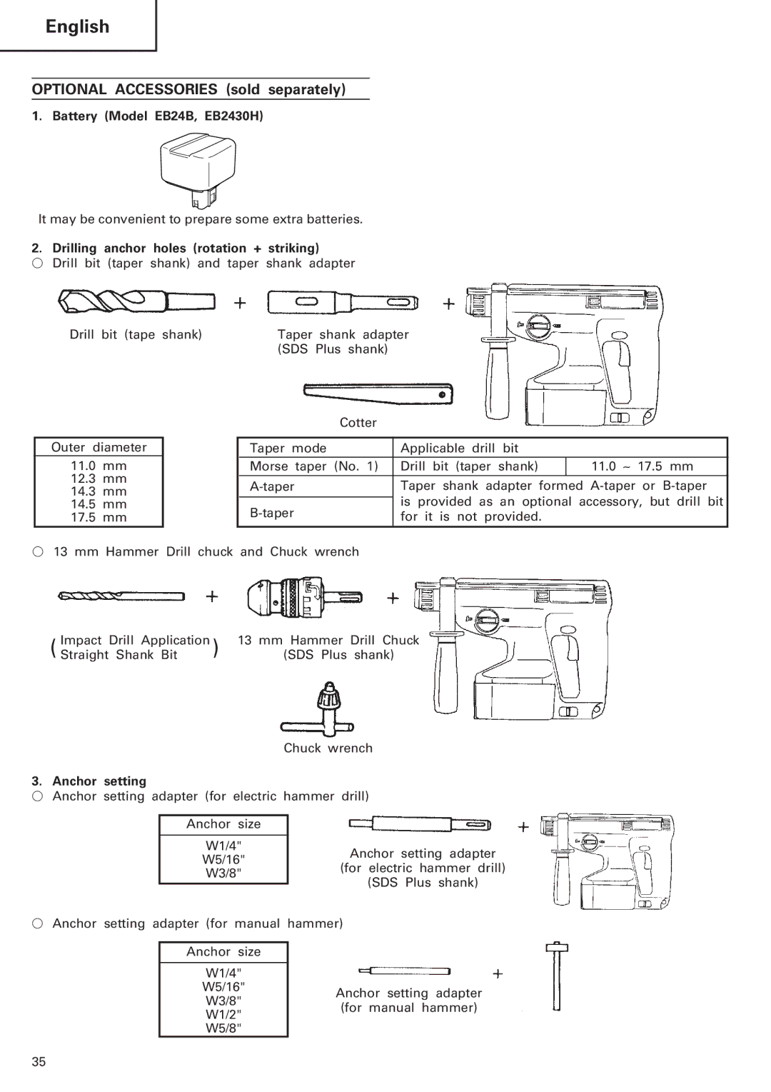 Hitachi Koki USA DH 20DV manual Battery Model EB24B, EB2430H, Drilling anchor holes rotation + striking, Anchor setting 