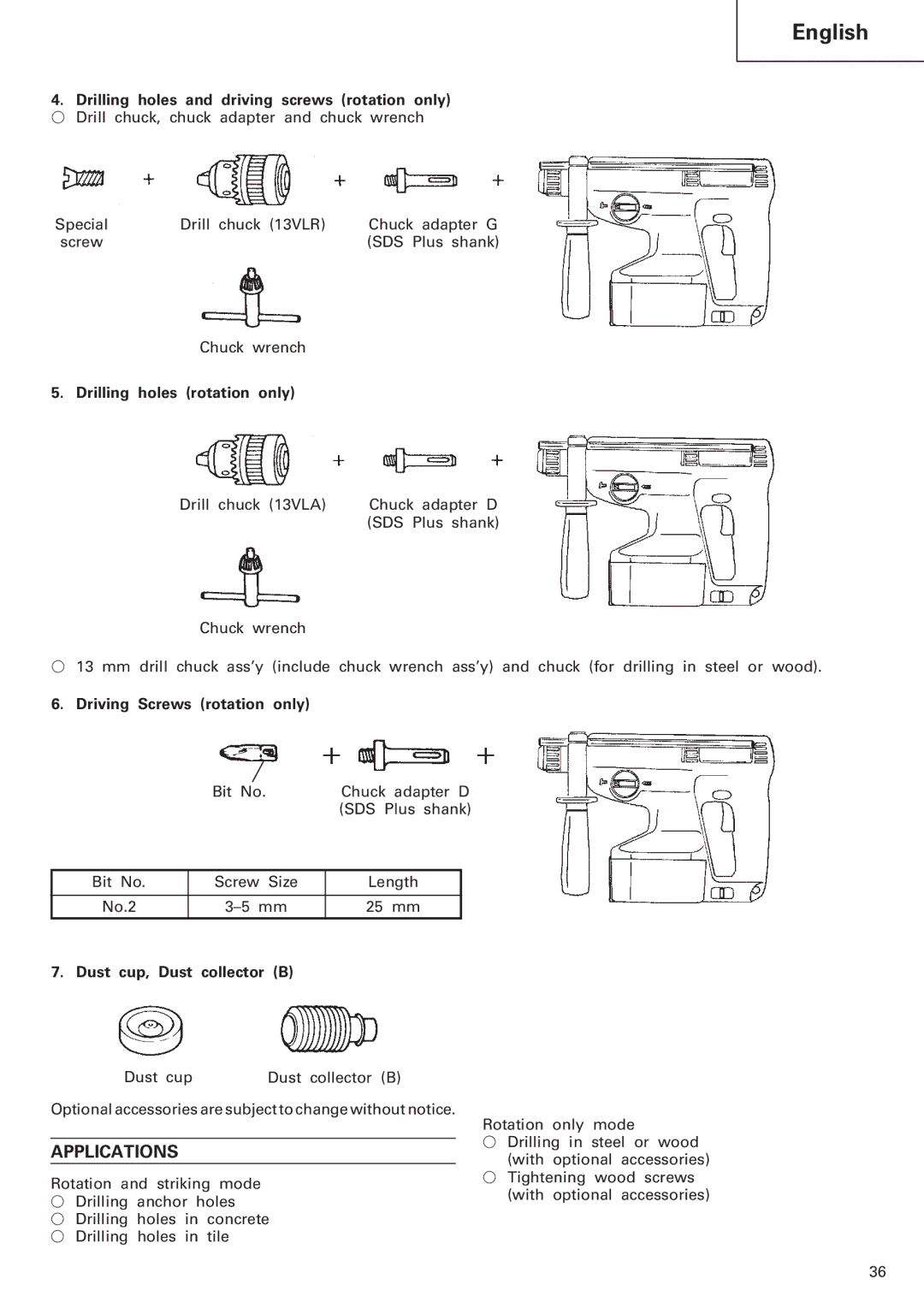 Hitachi Koki USA DH 20DV manual Applications, Drilling holes and driving screws rotation only, Drilling holes rotation only 