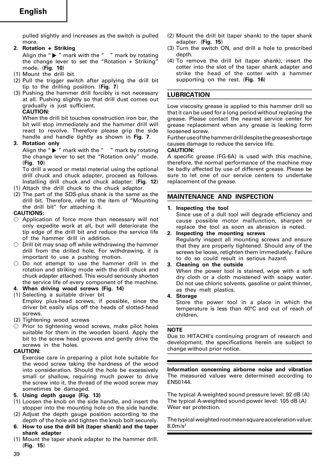 Hitachi Koki USA DH 20DV manual Lubrication, Maintenance and Inspection 