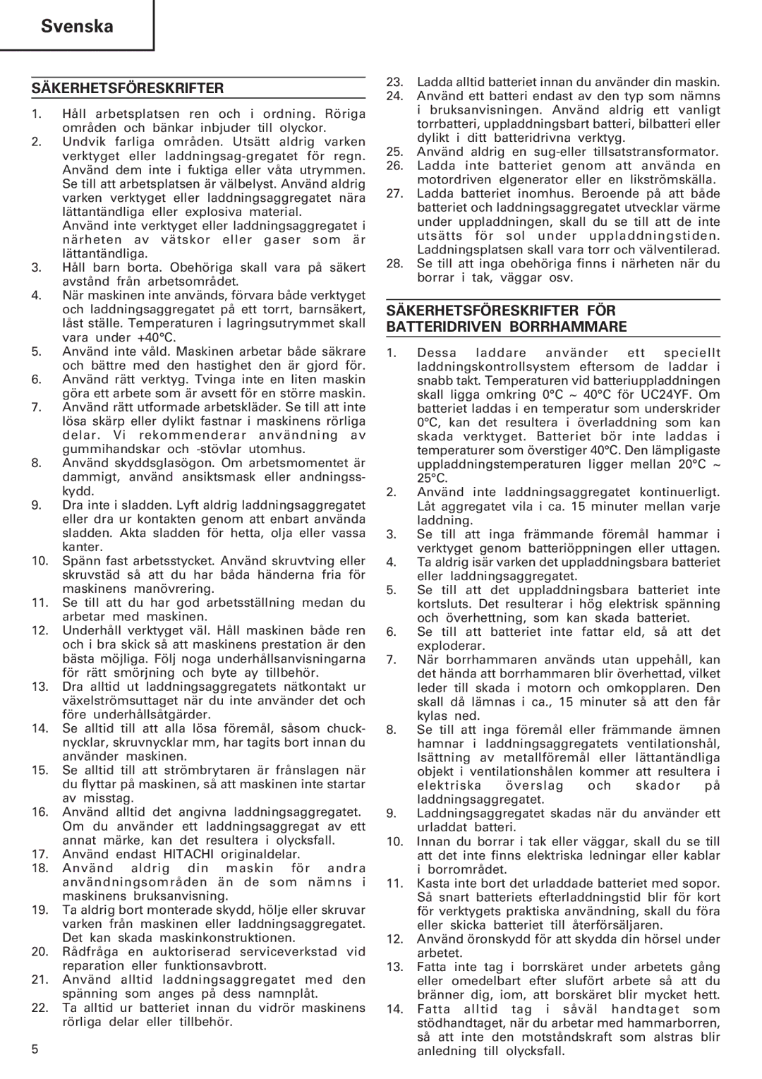 Hitachi Koki USA DH 20DV manual Svenska, Säkerhetsföreskrifter FÖR Batteridriven Borrhammare 