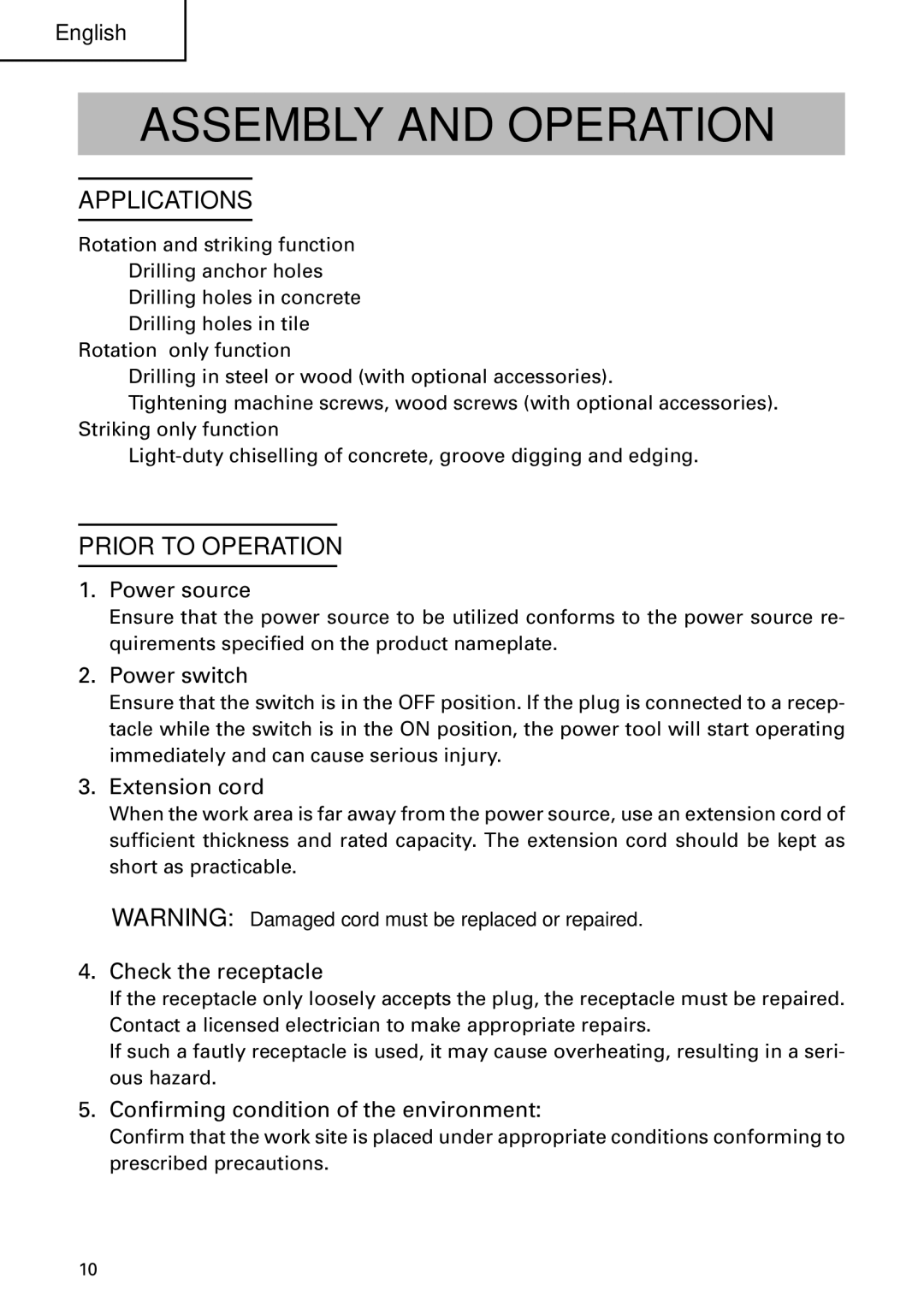 Hitachi Koki USA DH 24PC instruction manual Assembly and Operation, Applications, Prior to Operation 