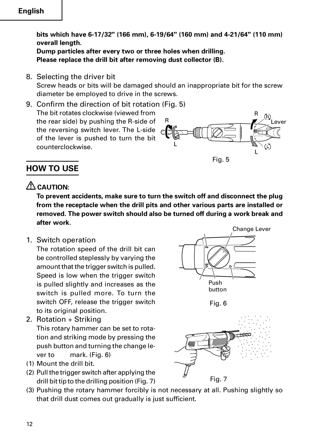 Hitachi Koki USA DH 24PC HOW to USE, Selecting the driver bit, Confirm the direction of bit rotation Fig, Switch operation 