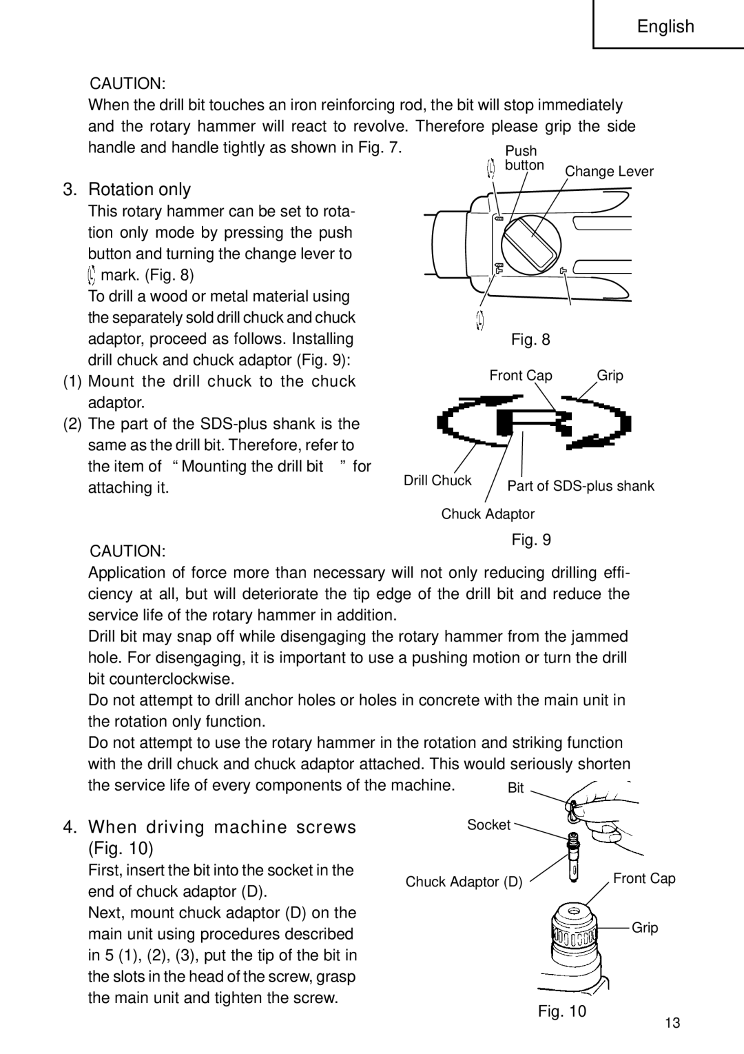 Hitachi Koki USA DH 24PC instruction manual Rotation only, When driving machine screws Fig 