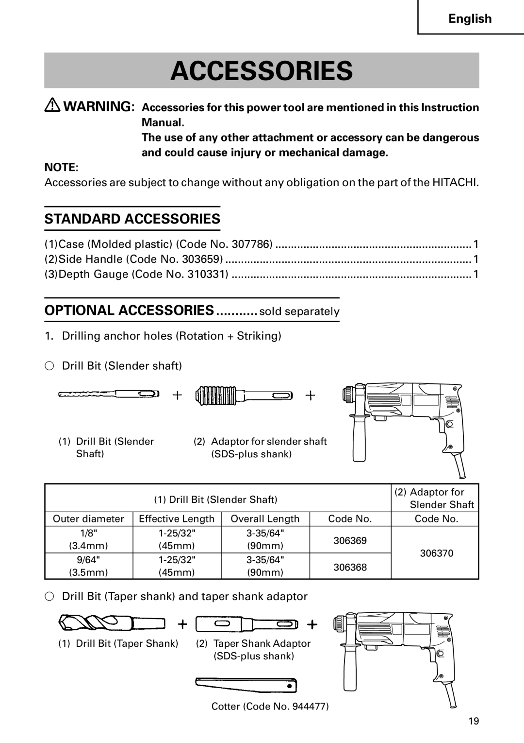 Hitachi Koki USA DH 24PC instruction manual Standard Accessories, Drill Bit Taper shank and taper shank adaptor 