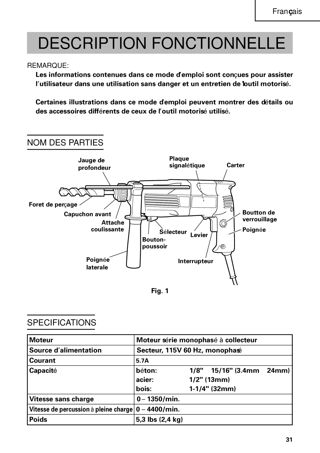 Hitachi Koki USA DH 24PC instruction manual Description Fonctionnelle, NOM DES Parties, 4400/min Poids Lbs 2,4 kg 