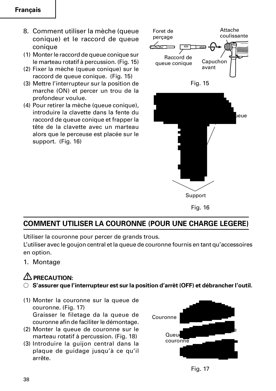 Hitachi Koki USA DH 24PC instruction manual Comment Utiliser LA Couronne Pour UNE Charge Legere, Montage 