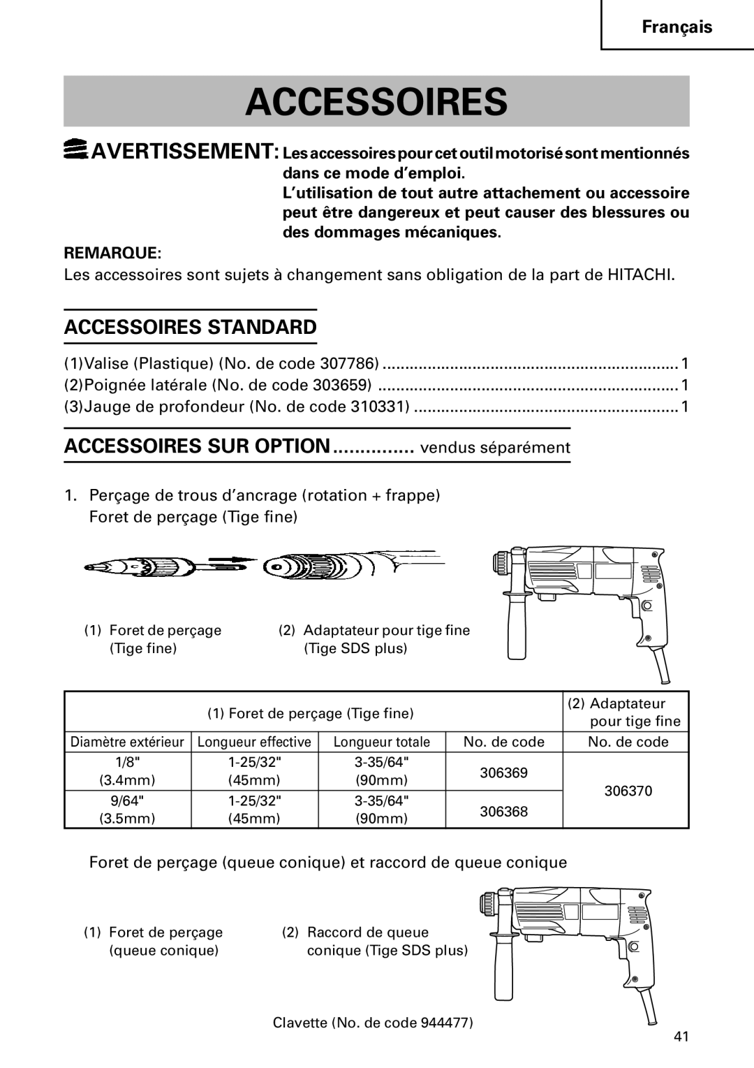 Hitachi Koki USA DH 24PC instruction manual Accessoires Standard, Vendus séparément 