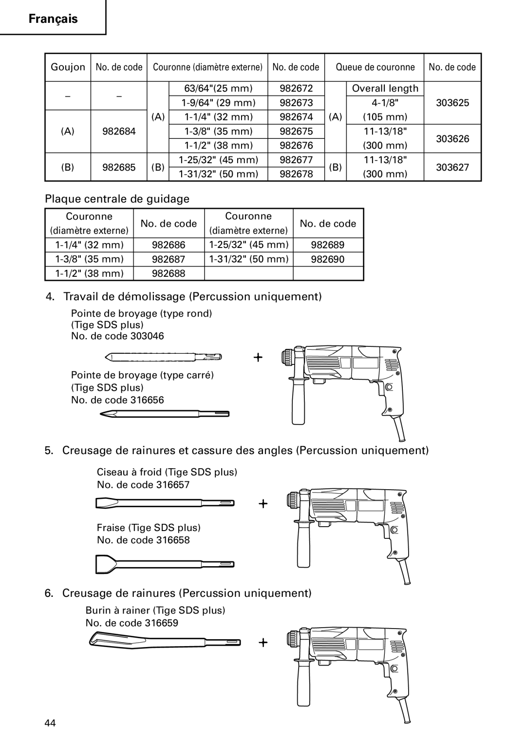 Hitachi Koki USA DH 24PC instruction manual Plaque centrale de guidage, Travail de démolissage Percussion uniquement 