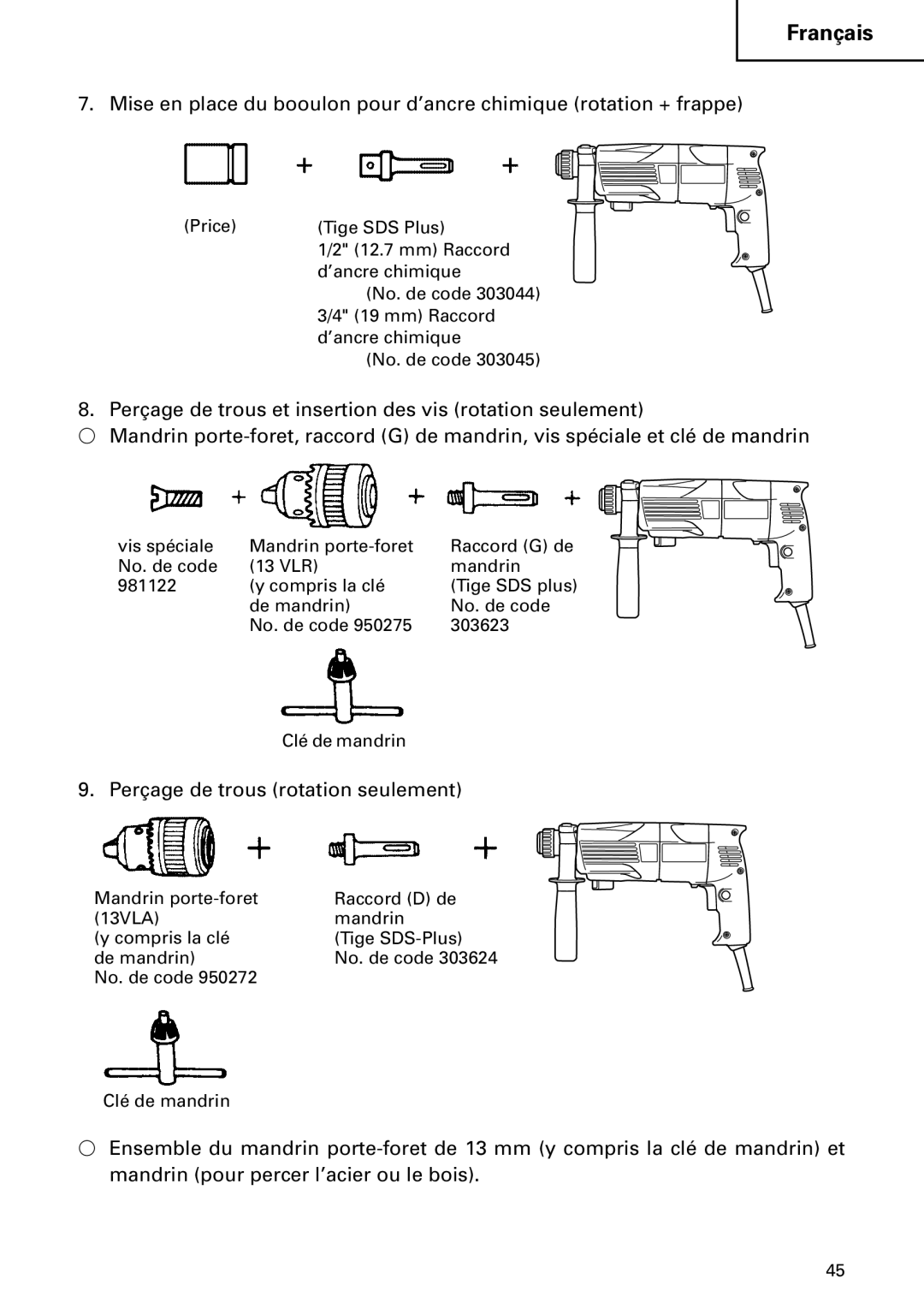 Hitachi Koki USA DH 24PC instruction manual Perçage de trous rotation seulement 