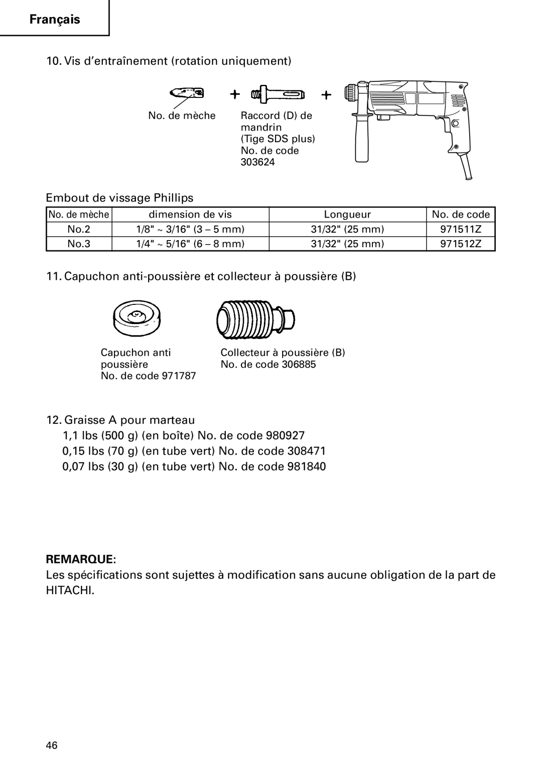 Hitachi Koki USA DH 24PC instruction manual Vis d’entraînement rotation uniquement, Embout de vissage Phillips 