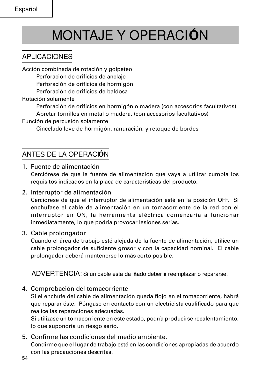 Hitachi Koki USA DH 24PC instruction manual Montaje Y Operación, Aplicaciones, Antes DE LA Operación 